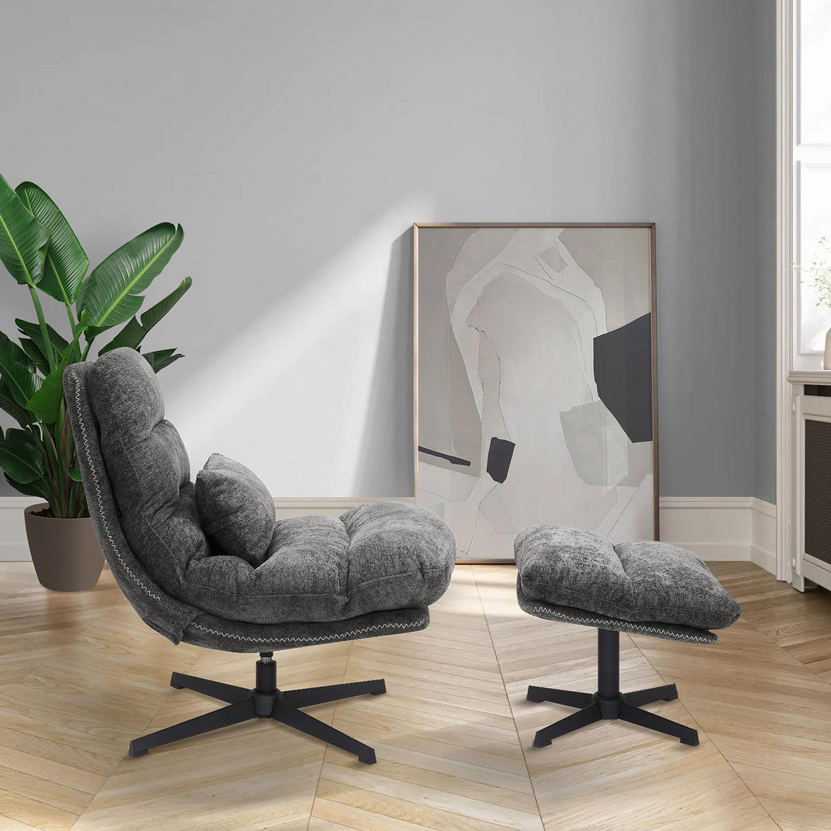 RELAXSESSEL - Chenille - Schwarz/Grau, Textil/Metall (84/88/94cm) - home24