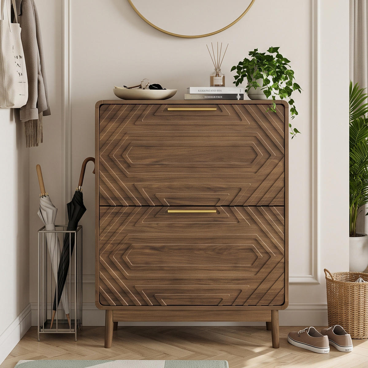 SCHUHSCHRANK Walnuss Mid-Century 60cm mit 2 Klappfächern & Regal - Walnussfarben, Holzwerkstoff (60/95/24cm) - Urban Meuble