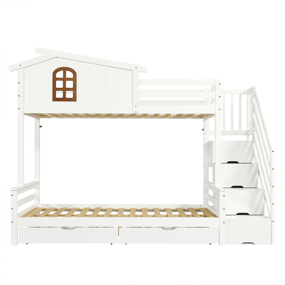 ETAGENBETT 90/200 cm & 120/200 cm mit 2 Schubladen, Eck-Leiterschrank und Fenstern, Weiß/Natur - Weiß, Holzwerkstoff (90/200cm) - Redom