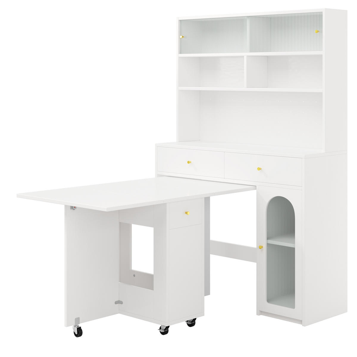 BUFFET-SET 120/45/180 cm weiß aus MDF mit klappbarem Esstisch - Weiß, Holzwerkstoff (120/180/45cm) - OKWISH