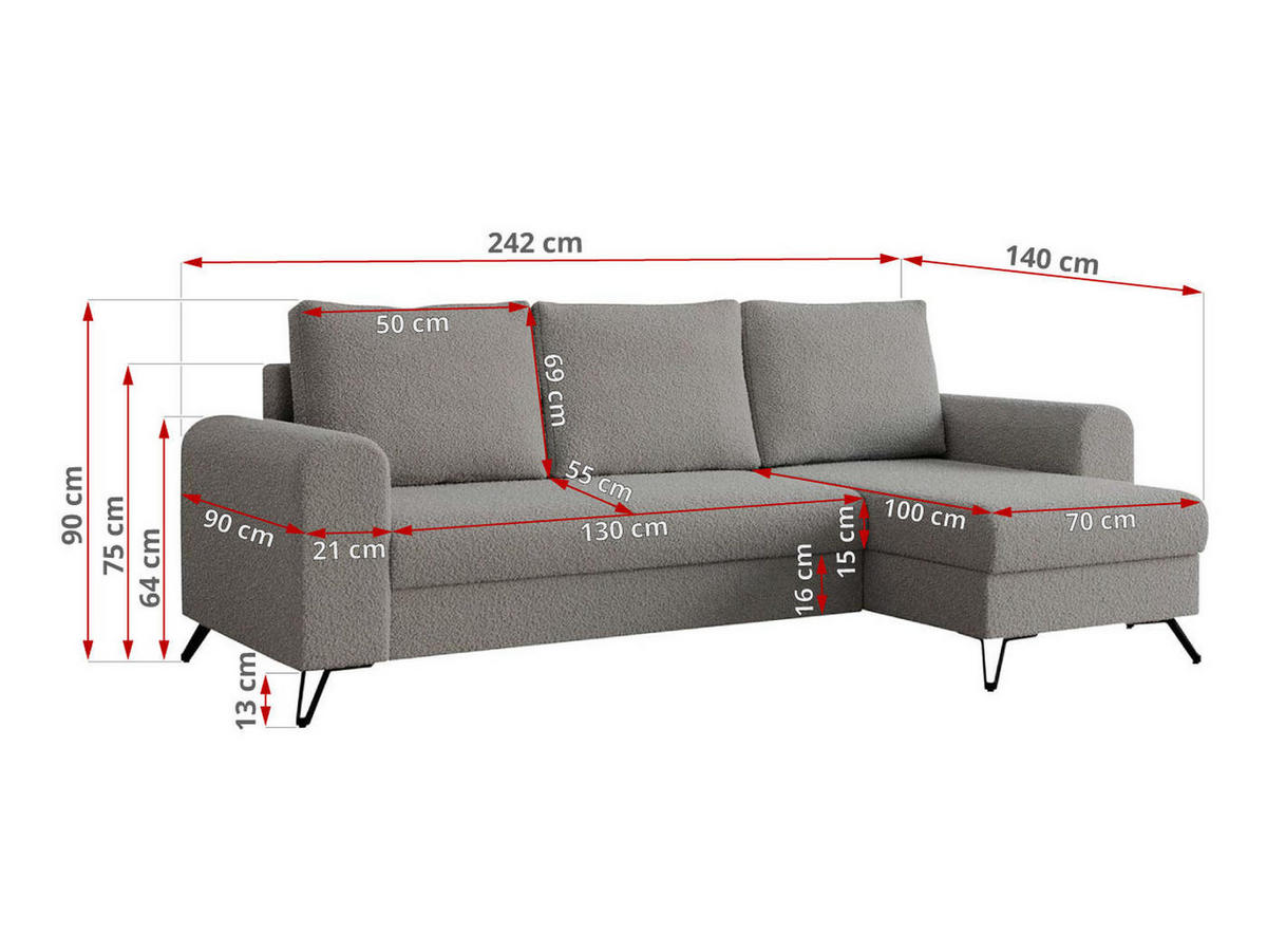 ECKSOFA Hugo Boucle Hellgrau - Hellgrau/Schwarz, Textil/Metall (242/140cm) - MKS
