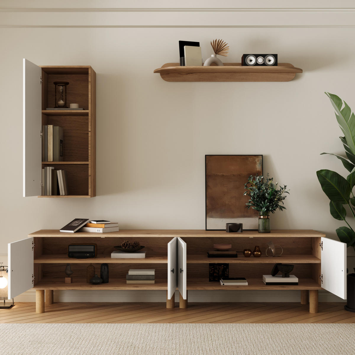 WOHNWAND 3-tlg. mit TV-Lowboard, Highboard und Wandboard Weiß/Naturholz - Weiß, Holzwerkstoff (40/50/170cm) - Beauniv