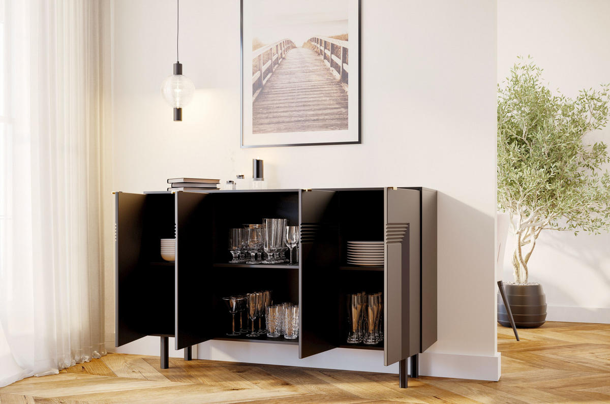 SIDEBOARD Yoko, Schwarz, Mit Dekorativen Fronten Und Goldgriffen - Schwarz, Holzwerkstoff/Buchenholz (156/99/40cm) - Dancan