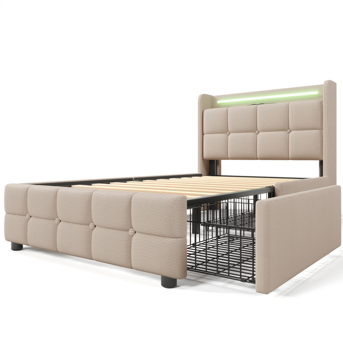 POLSTERBETT 90/200 cm in Beige mit 2 Schubladen, LED, USB und Steckdosen - Beige, Holzwerkstoff/Textil (90/200cm) - CHICFURN