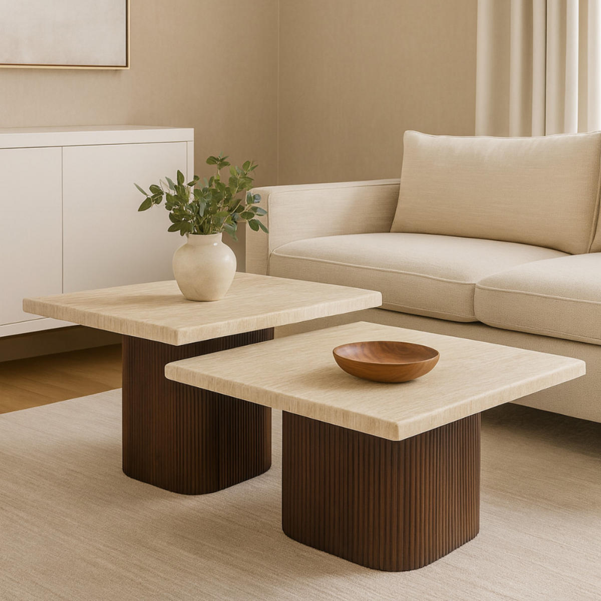 COUCHTISCH Set Alviano Braun Travertin Tischplatten - Braun, Keramik (90/90/38cm) - alesvelt