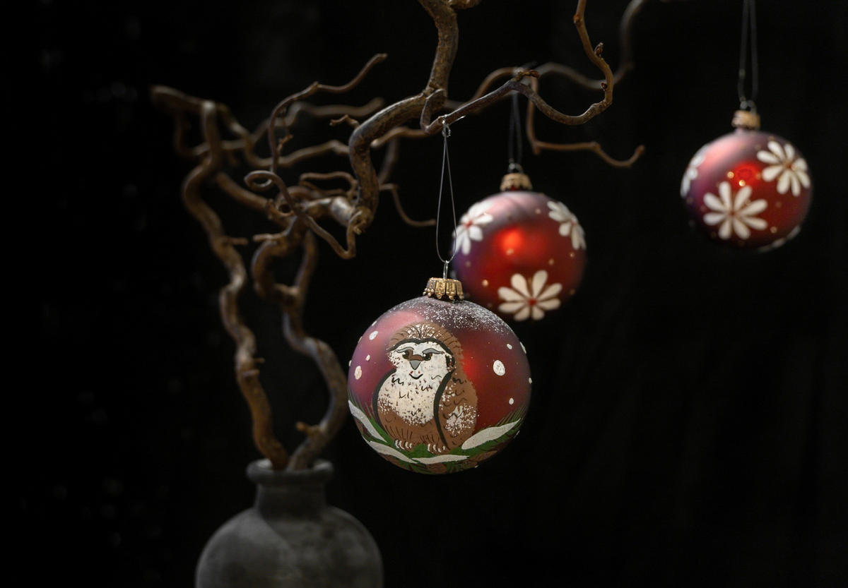 CHRISTBAUMKUGELN Eule und Blüten Braun 8cm (Glas / 3 Stk.) - Braun, Glas (8/8/8cm) - Krebs Glas Lauscha