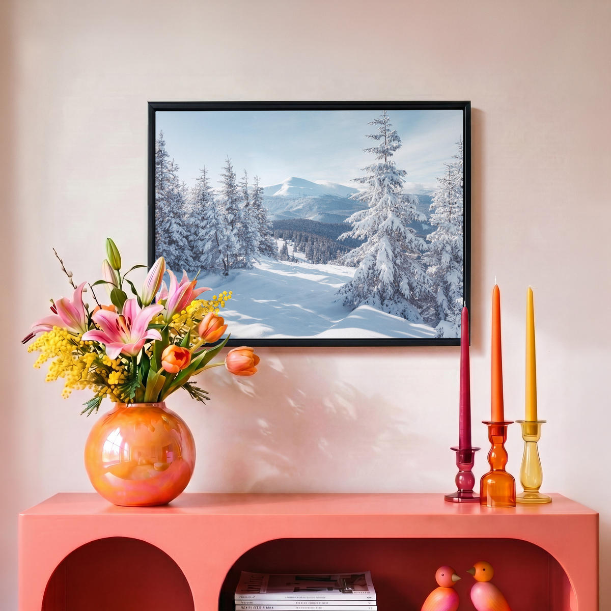 LEINWAND Bilder mit Rahmen - Winterlandschaft - Natur - Berge - Bäume - Schnee - 40x30 - Hellblau, Textil (40/30cm) - MuchoWow