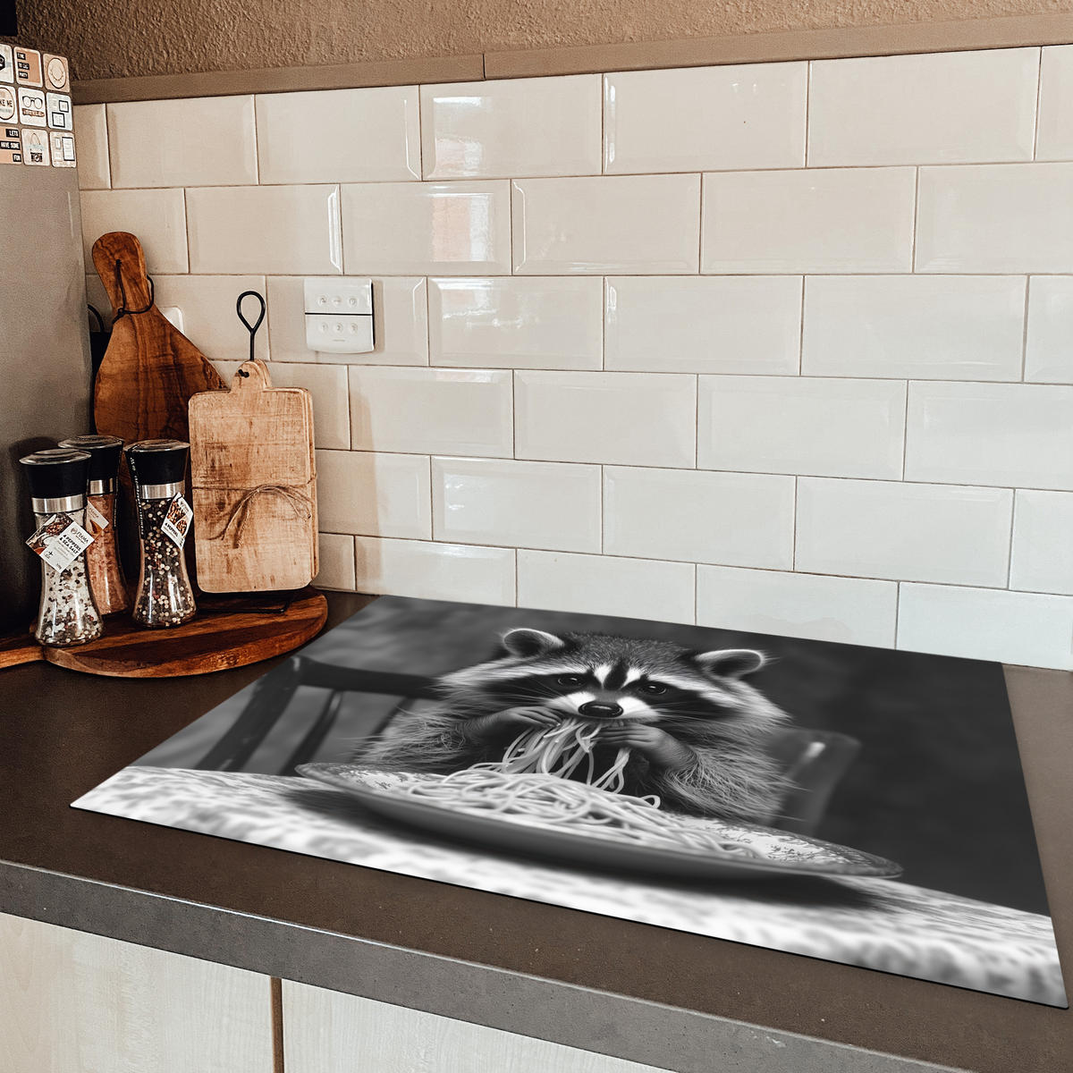 HERDABDECKPLATTE Waschbär - Niedlich - Pasta - Tischtuch - Schwarz - Weiß Herdabdeckung Induktionsfeld 75x52 cm - Grau, Kunststoff (75/52/0.2cm) - MuchoWow