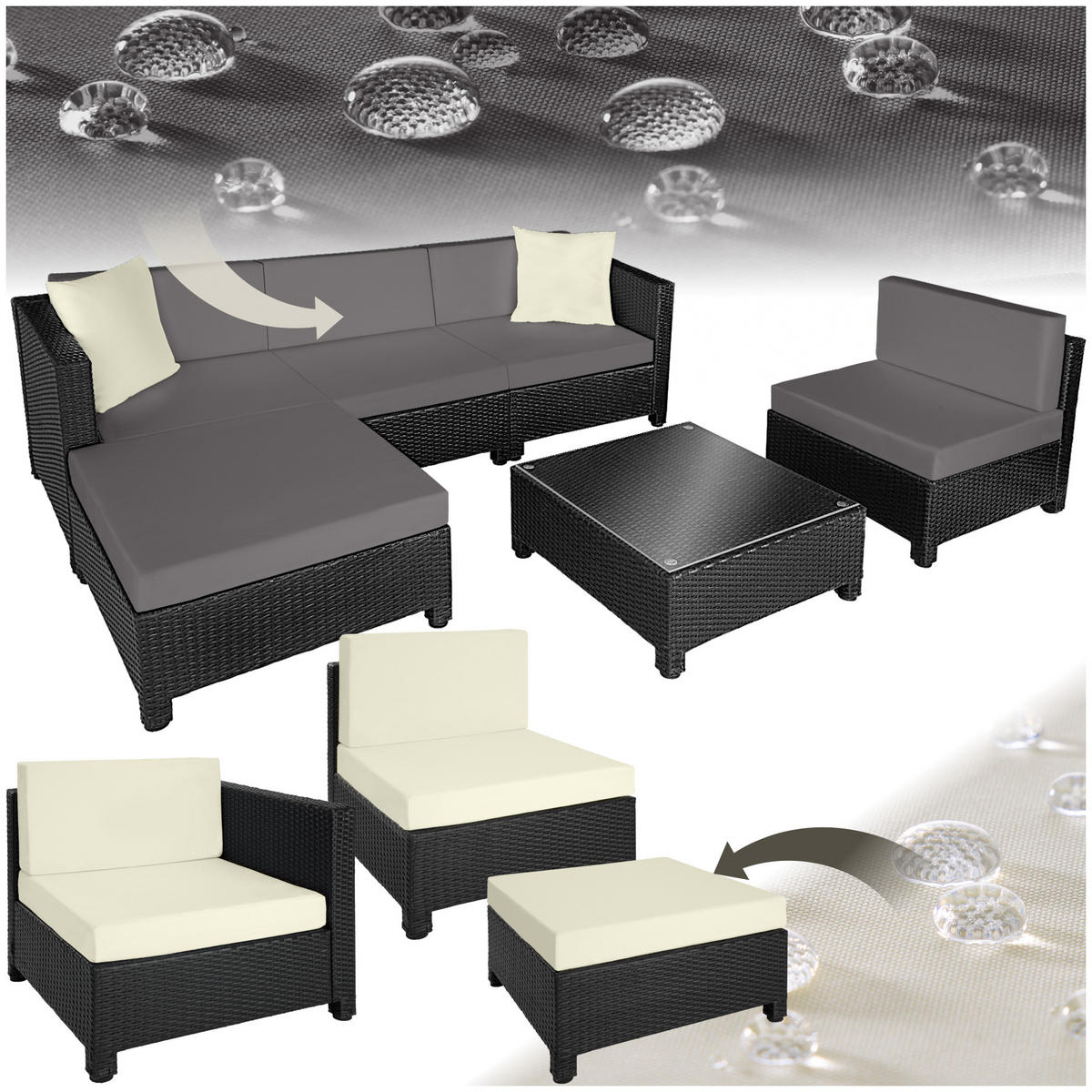 RATTANLOUNGE , mit Sicherheitsglasplatte, schwarz - Schwarz, Kunststoff - tectake