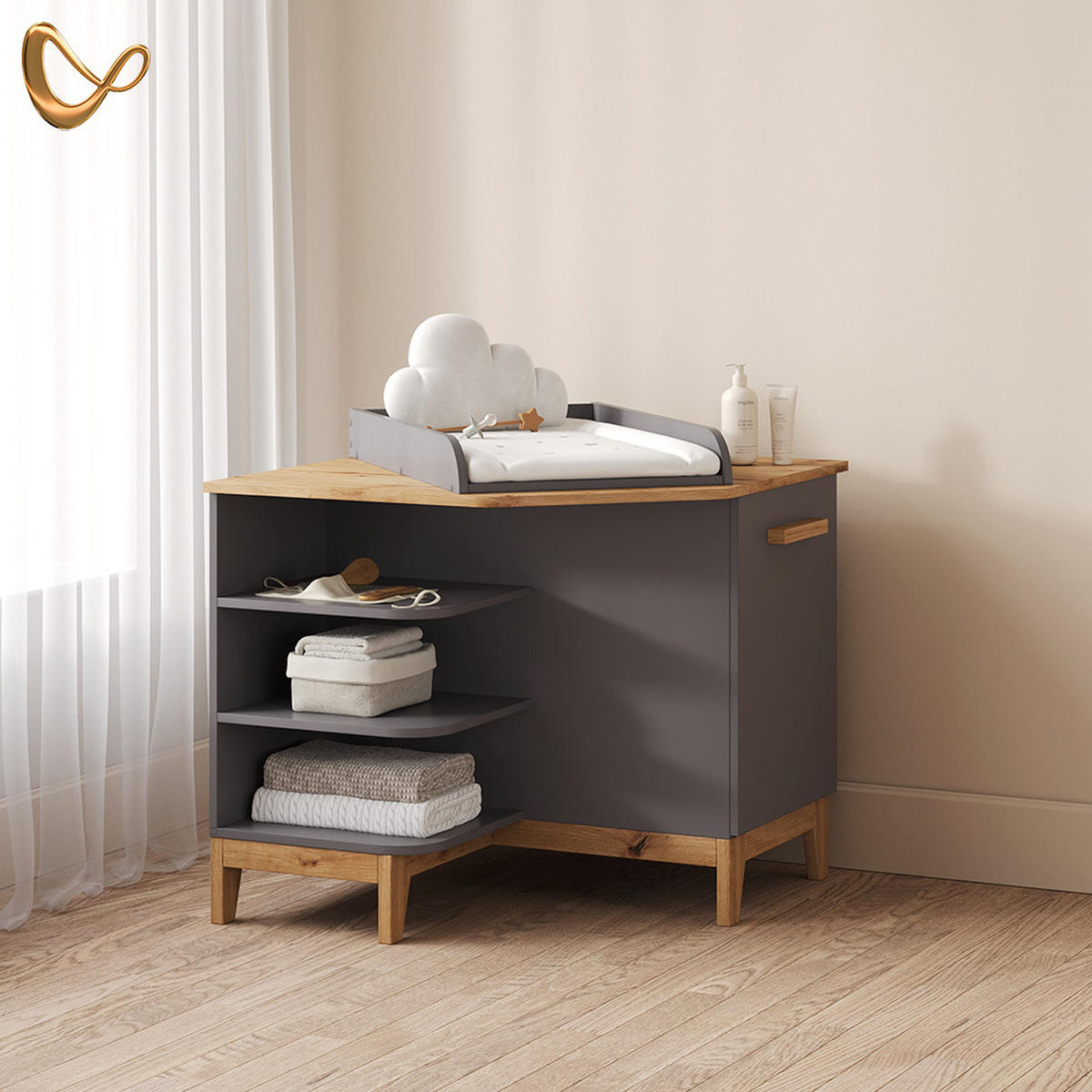 WICKELKOMMODE Mailo Grau/Artisan mit Tür - Eiche Artisan/Grau, Holzwerkstoff (85/85.2/85cm) - Livinity®