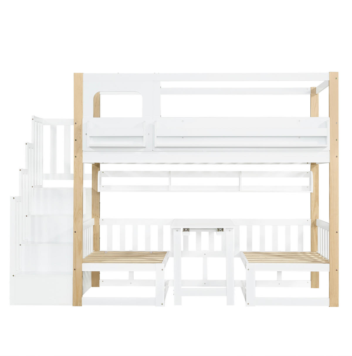 ETAGENBETT aus Kiefer und MDF 90x200 cm Weiß/Natur mit Klapptisch, Aufbewahrungstreppe und Bücherregal - Weiß, Holzwerkstoff (90/200cm) - Modfu