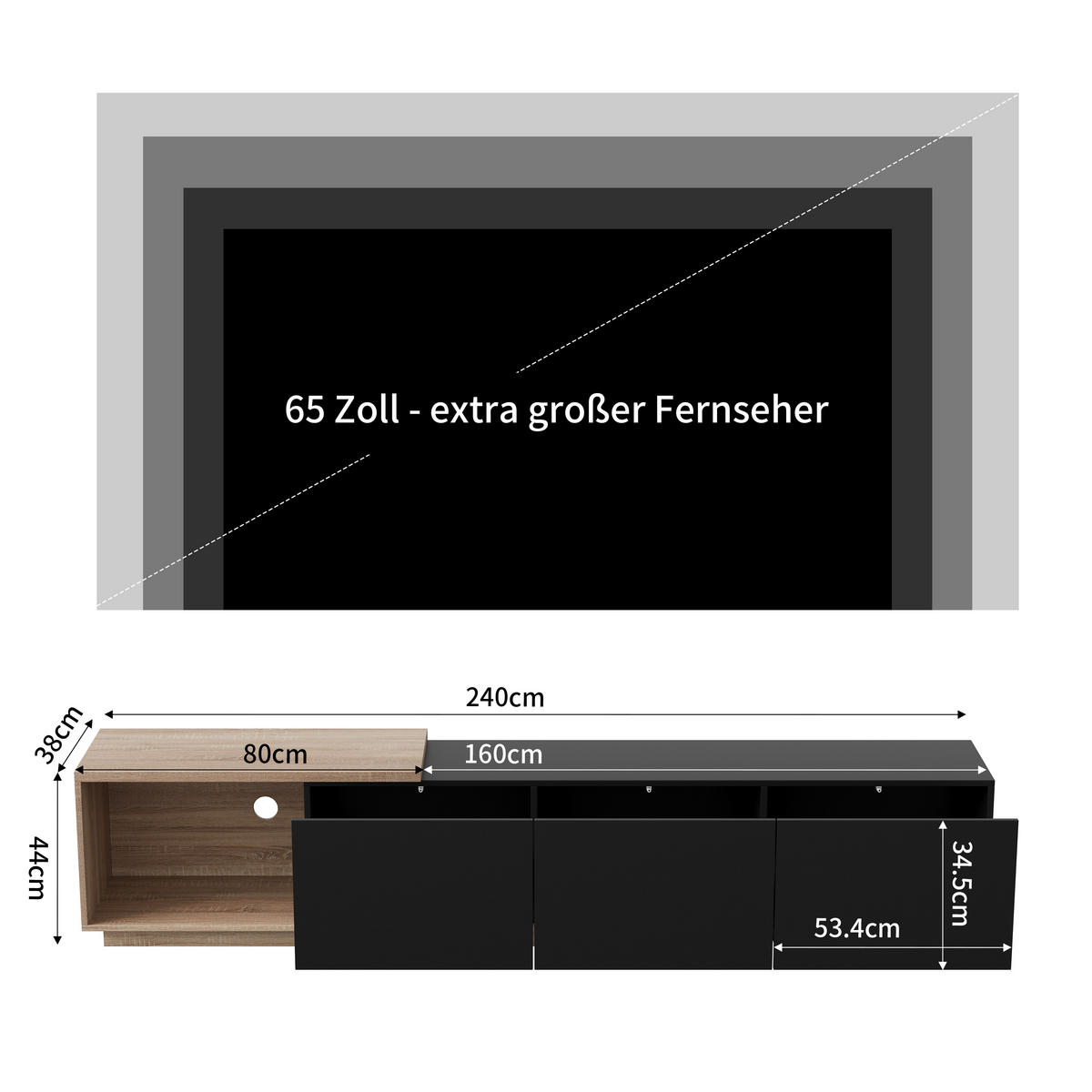 TV-SCHRANK Schwarz-Holzoptik mit Sensor-LED & ausziehbarer Länge - Schwarz, Holzwerkstoff (38/44/240cm) - SHOPENTRA