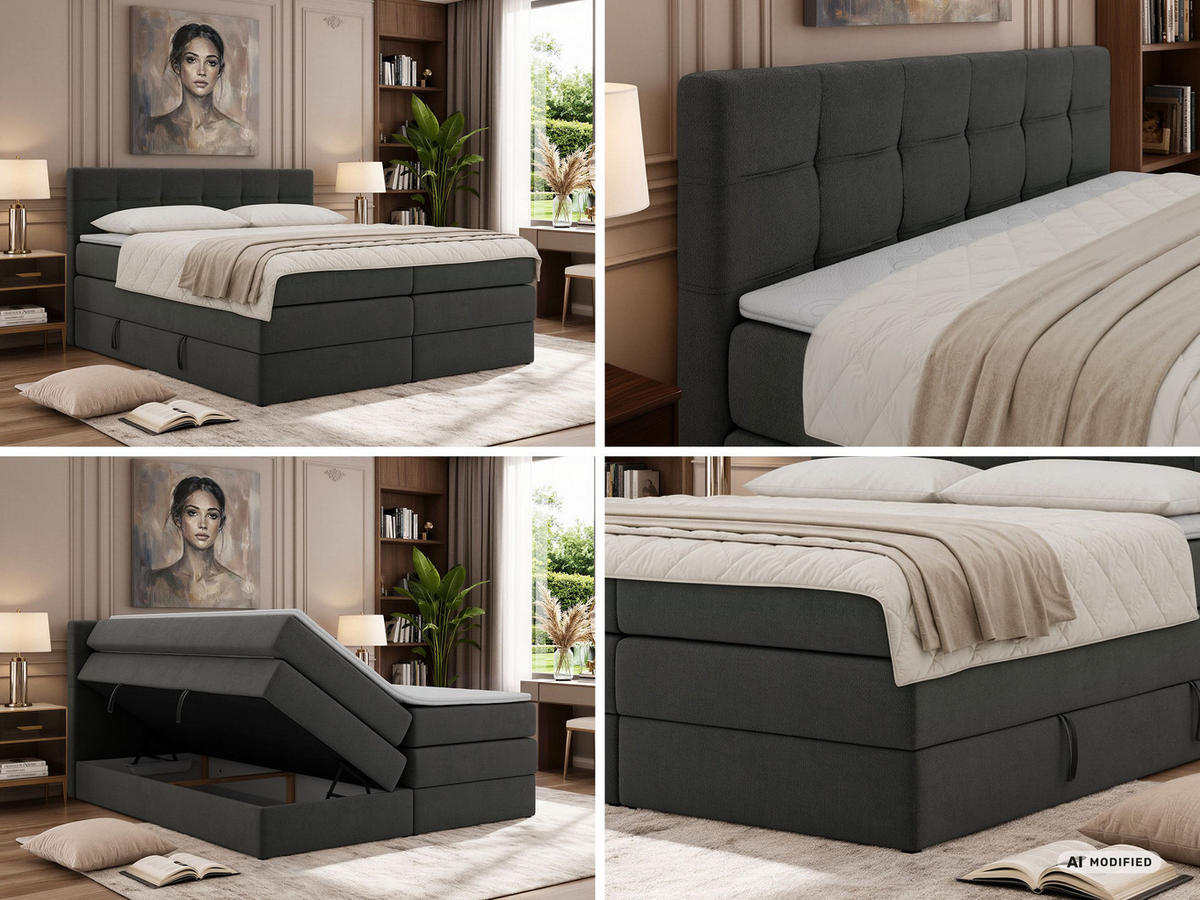 BOXSPRINGBETT SOLVEN KING 160/200 - Dunkelgrau Jersey - Topper T25 - H4 - Dunkelgrau/Schwarz, Kunststoff/Textil (160/200cm) - MKS