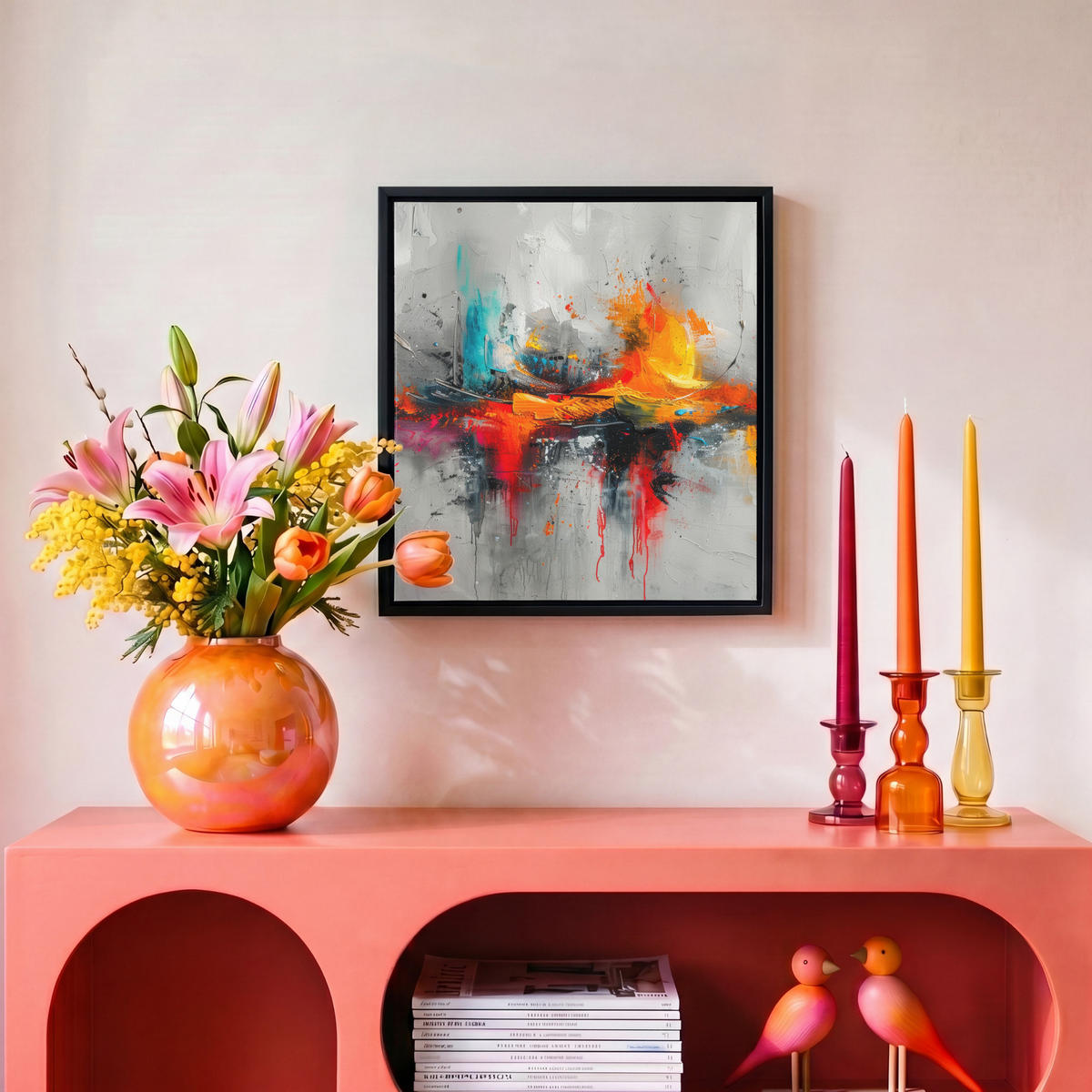 LEINWAND Bilder mit Rahmen - Moderne Kunst - Orange - Grau - Abstrakt - 20x20 - Hellgrau, Textil (20/20cm) - MuchoWow