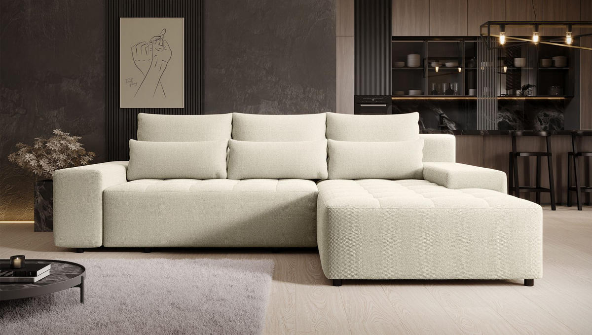 ECKSOFA Neluro Hellbeige Chenille wasserabweisend - Ecru/Schwarz, Kunststoff/Textil (268/184cm) - Selsey