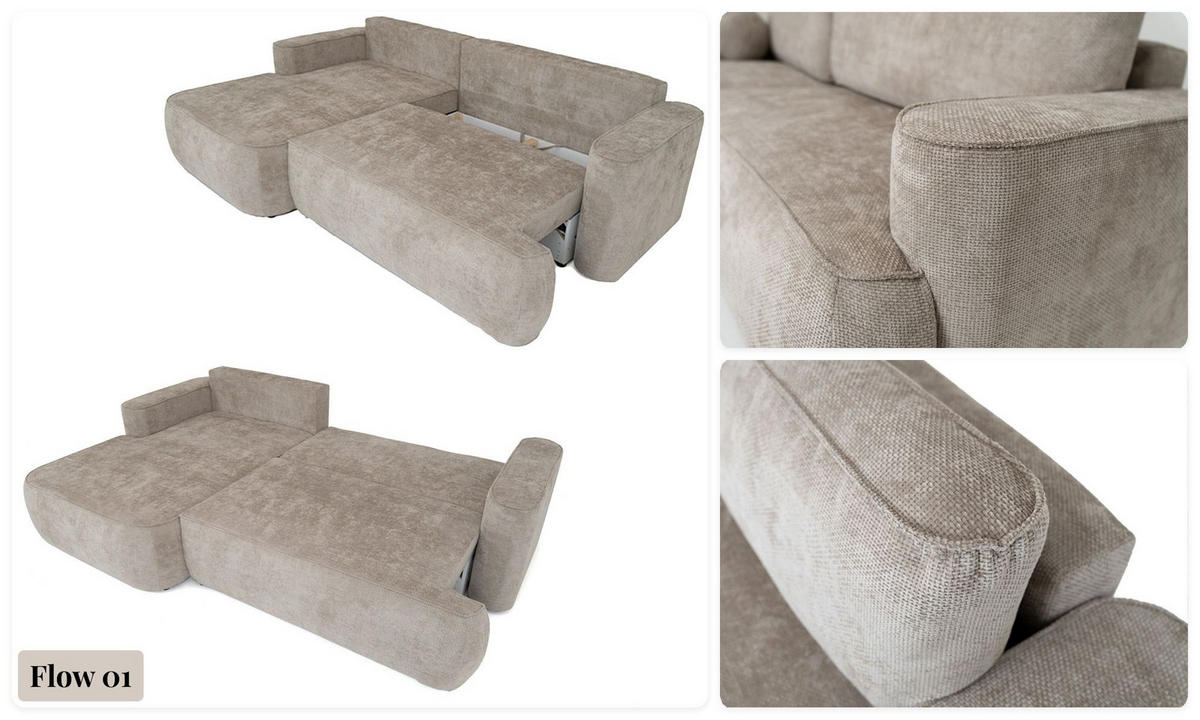 ECKSOFA Marion mit Schlaffunktion & Bettkasten in Chenille Hellgrau, Links 267/154/83 cm - Hellgrau/Schwarz, Kunststoff/Textil (267/154cm) - WFL GROUP