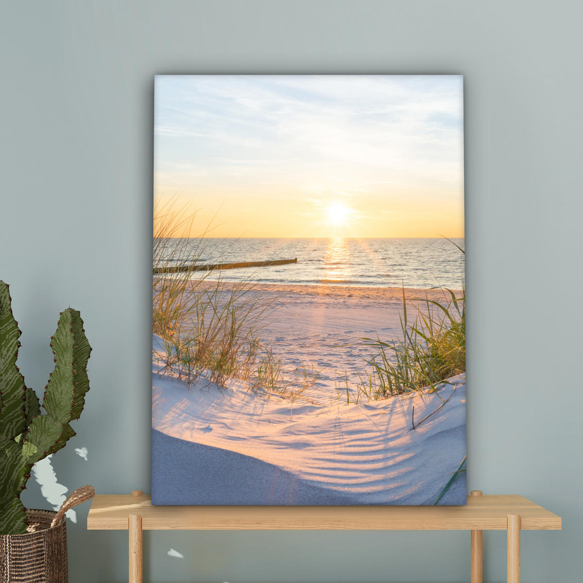LEINWANDBILD Strand - Sonne - Düne - Gras - Sand - Horizont Wandbild Wohnzimmer 60x80 cm - Hellblau, Textil (60/80cm) - MuchoWow