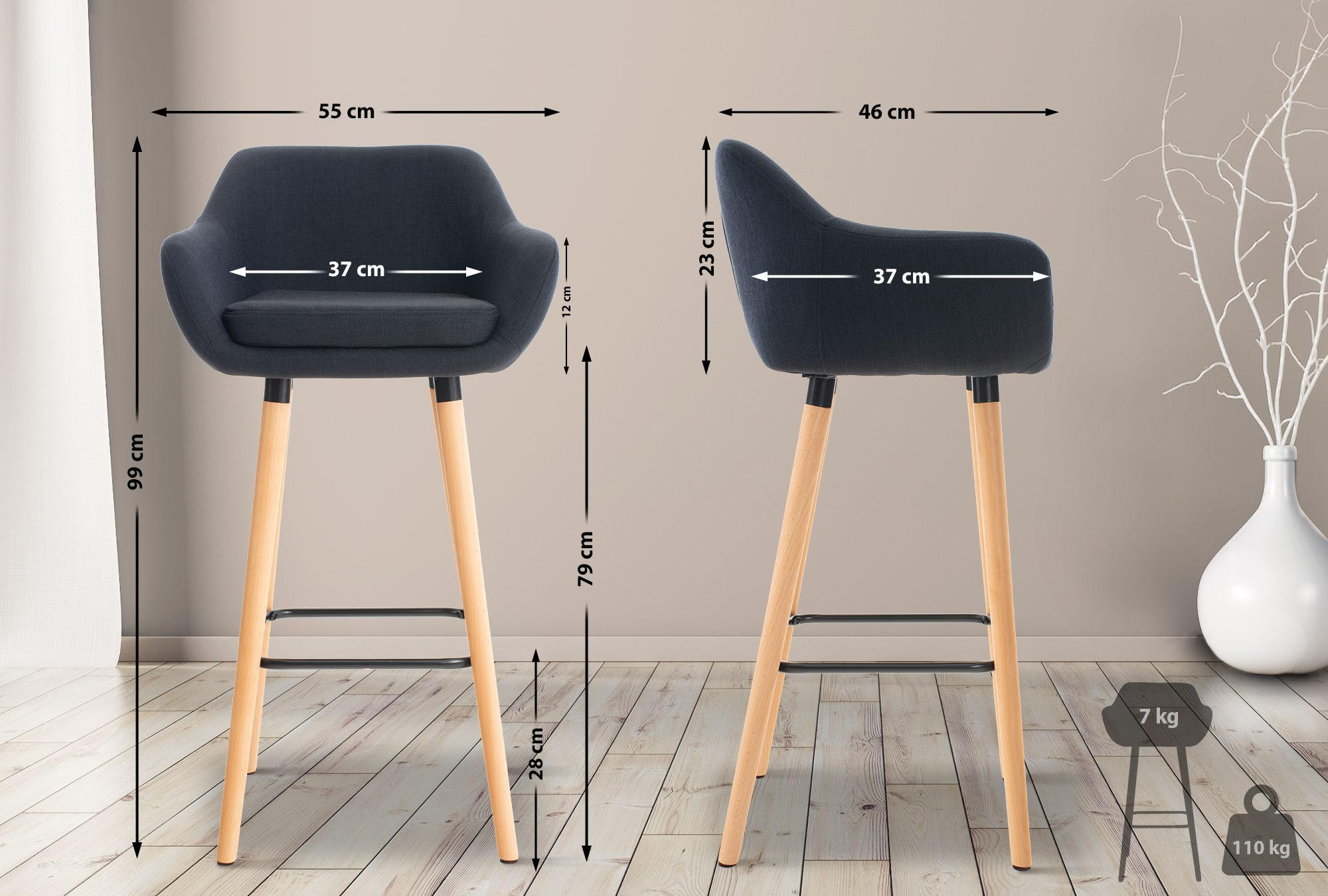 BARHOCKER 2er Set Stoff Schwarz - Eukalyptusholzfarben/Schwarz, Holz/Textil (55/99/46cm) - CLP