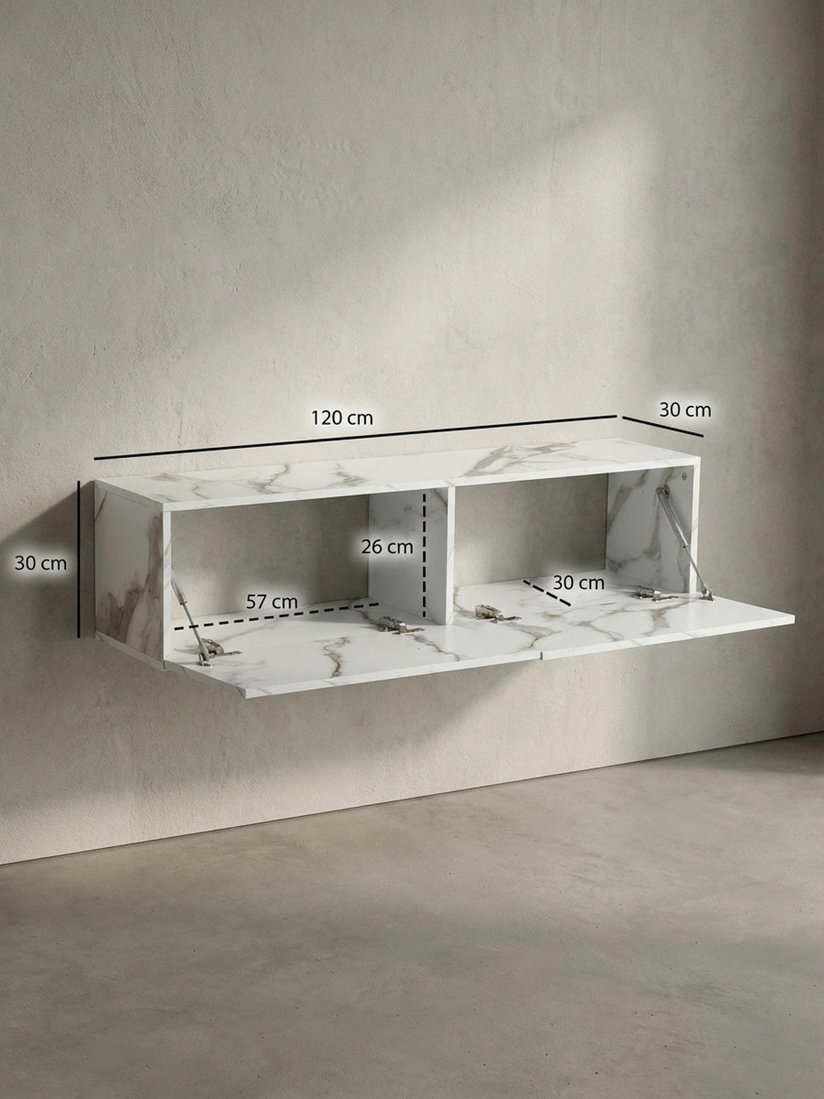 TV-LOWBOARD hängend, Marmor-Optik, Klapptüren, modern, Weiß 120x30x30 cm - Weiß, Metall (120/30/30cm) - KADIMA DESIGN