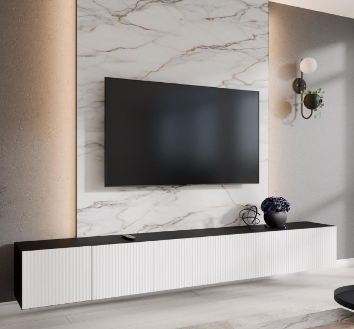 TV-SCHRANK Schwarz Weiß NOELI Geschlossen Gerillt 300 cm - Weiß, Holzwerkstoff (300/41/40cm) - Sepro Meble