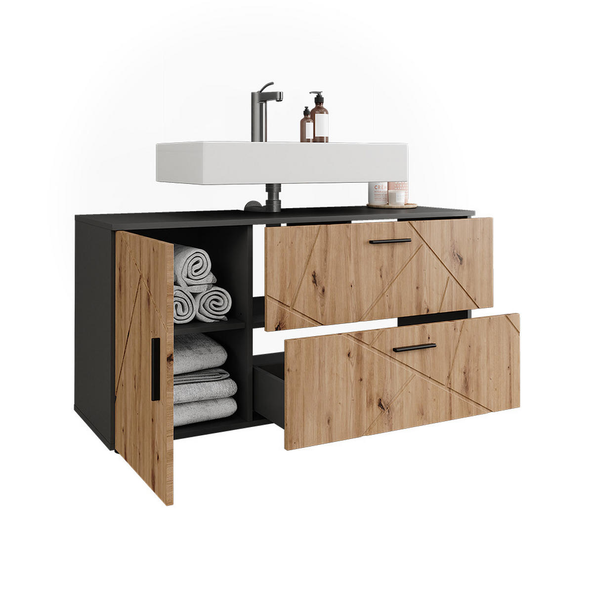 WASCHBECKENUNTERSCHRANK Irma Anthrazit/Artisan 120.1 x 60.6 cm mit 2 Schubladen und 1 Tür - Anthrazit/Eiche Artisan, Holzwerkstoff (120.1/60.6/41cm) - Vicco