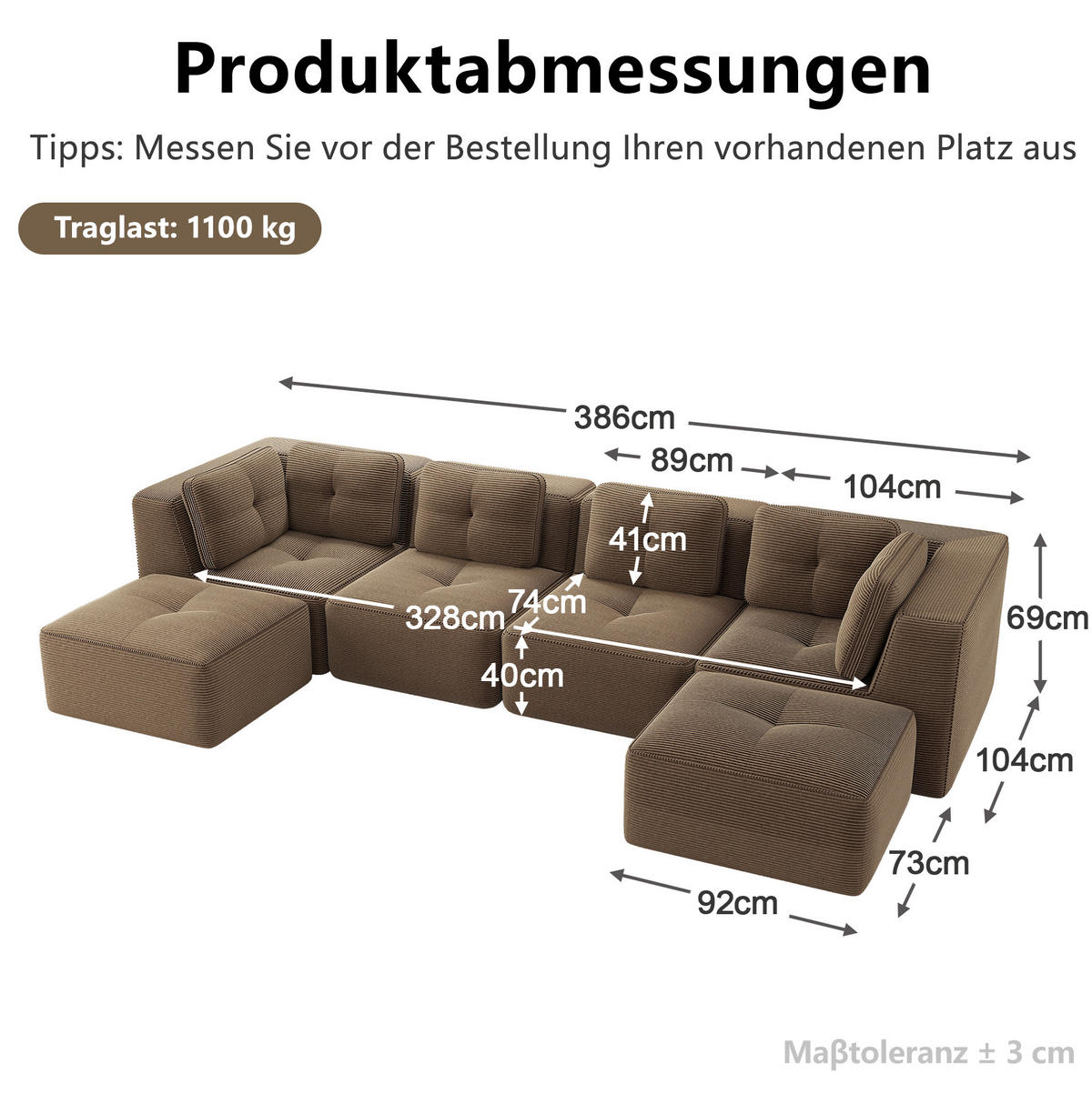 WOHNLANDSCHAFT 386/177/69 cm in Braun aus Cord mit modularem Design - Braun, Textil (177/69/386cm) - Flora Grace