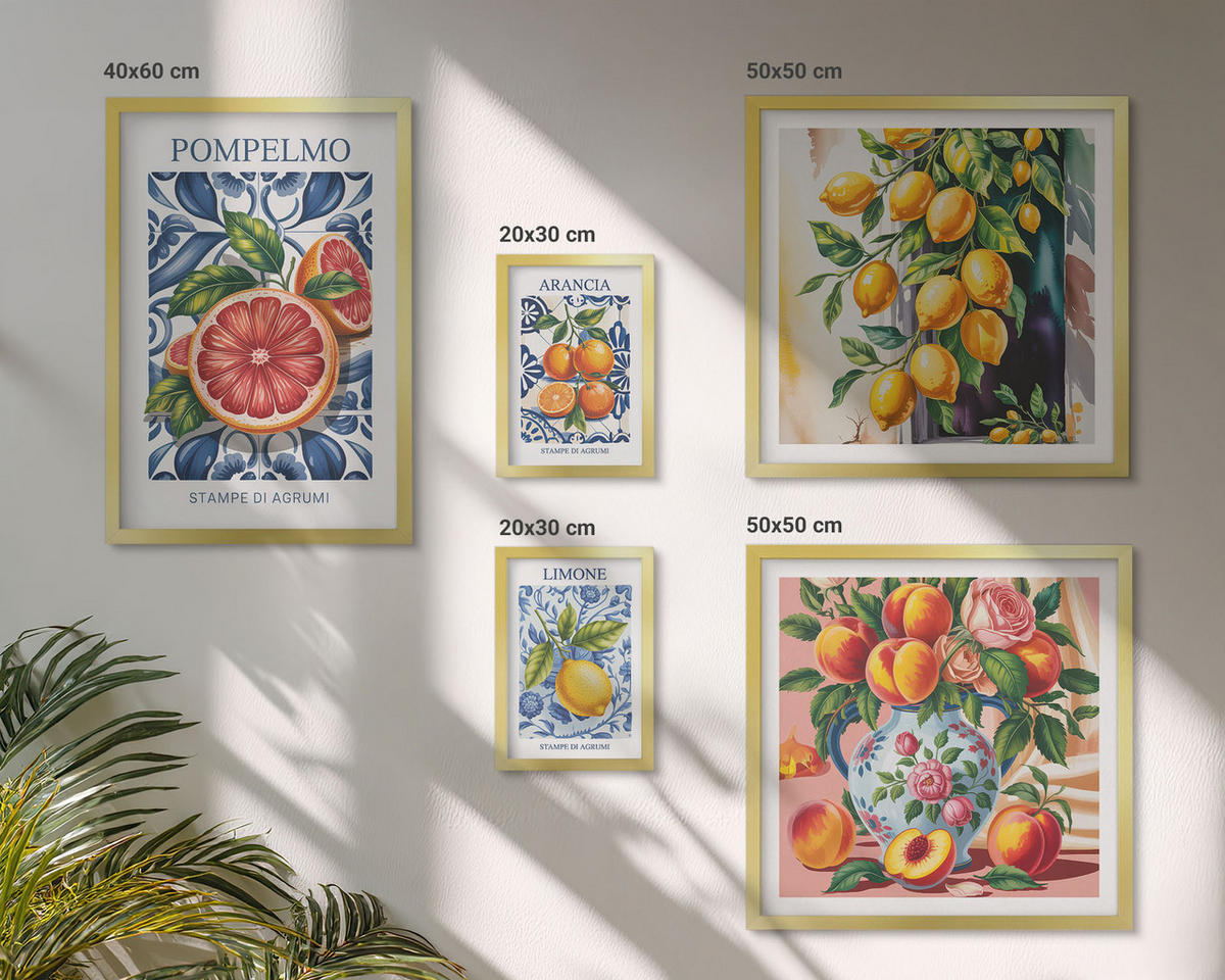 BILDER SET 5er Set - 50x50 cm & 20x30 cm & 40x60 cm Goldrahmen - Illustrationen von Zitrusfrüchten - Goldfarben, Kunststoff (40/60cm) - TULUP
