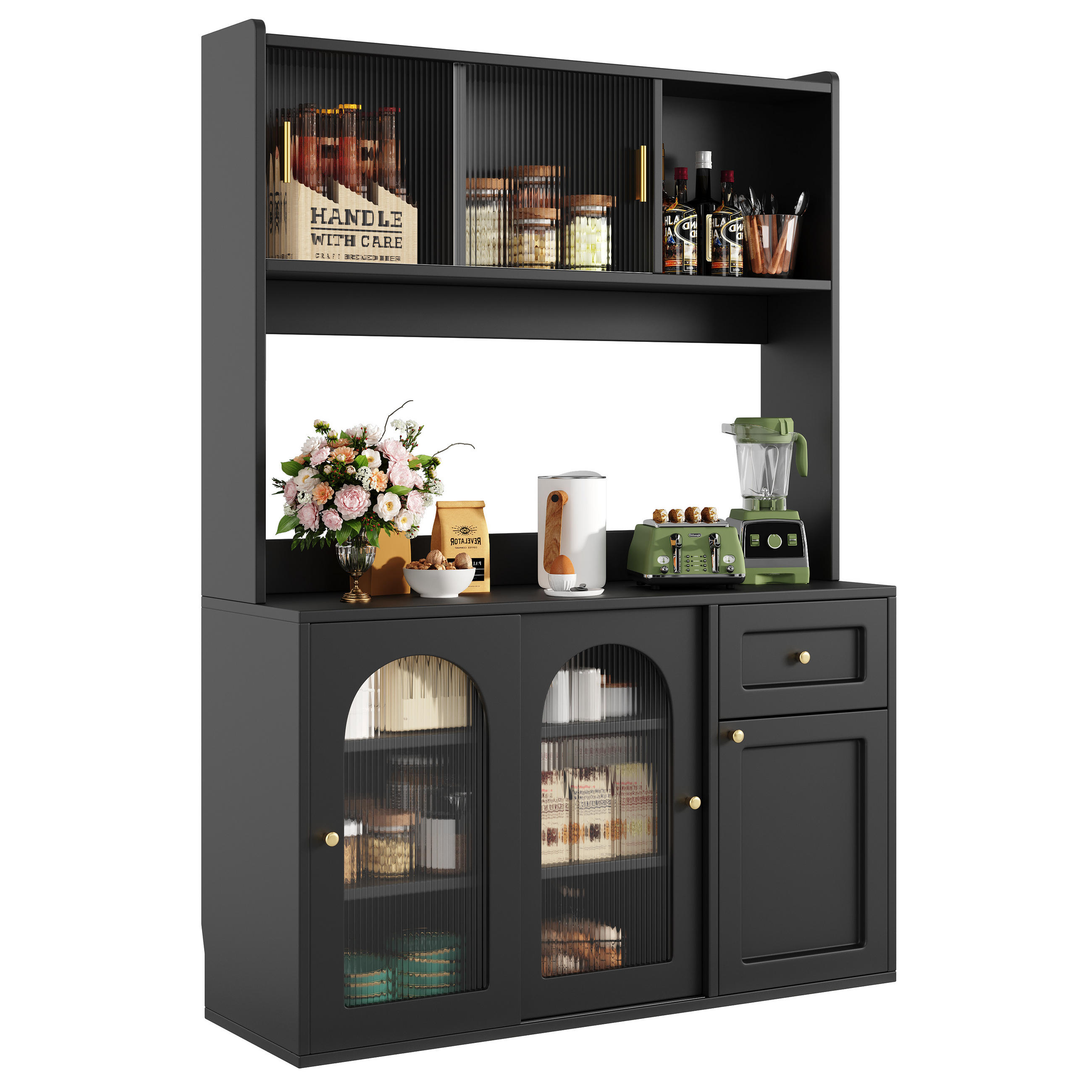 HIGHBOARD schwarz aus MDF/Spanplatte mit Glastüren und LED-App-Steuerung, 120/35/167 cm, Schwarz - Schwarz, Holzwerkstoff (35/167/120cm) - Redom