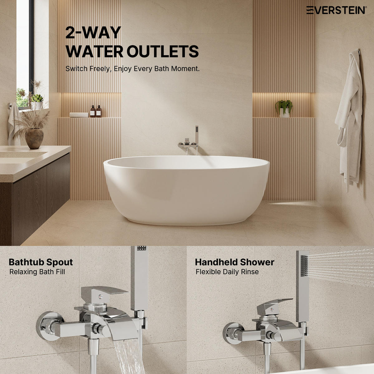BADEWANNENARMATUR SFS-5005 Chrom, Aufputz mit Wasserfallauslauf 200 mm Handbrause 1500 mm Einhebel 150 mm Stichmaß - Chromfarben, Metall (6/20/23cm) - Everstein