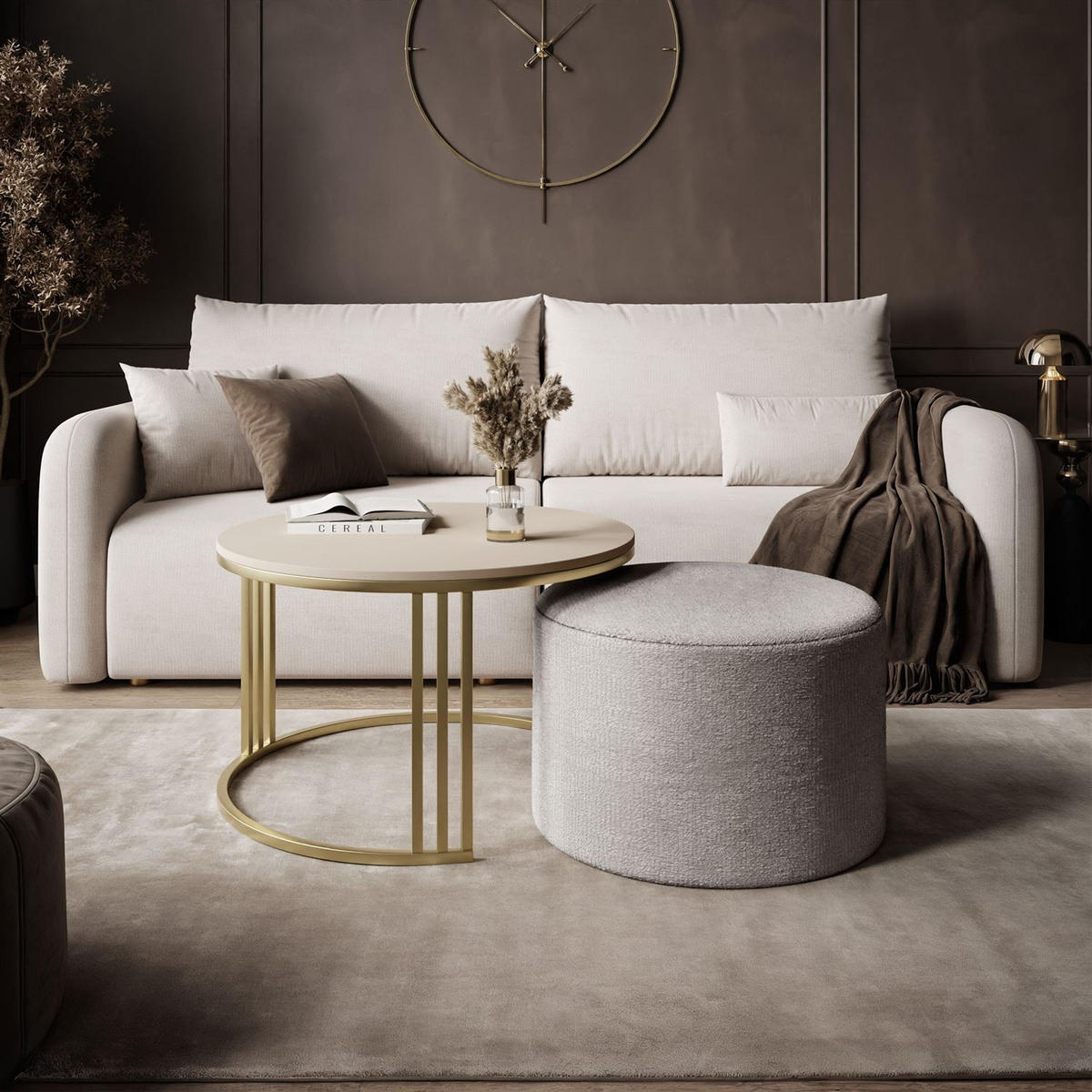 COUCHTISCH mit Hocker LORI MAT gebürstetes Gold/Kaschmir matt/Perfect Harmony 82 - Kaschmir, Metall (70/70/49cm) - Lookway