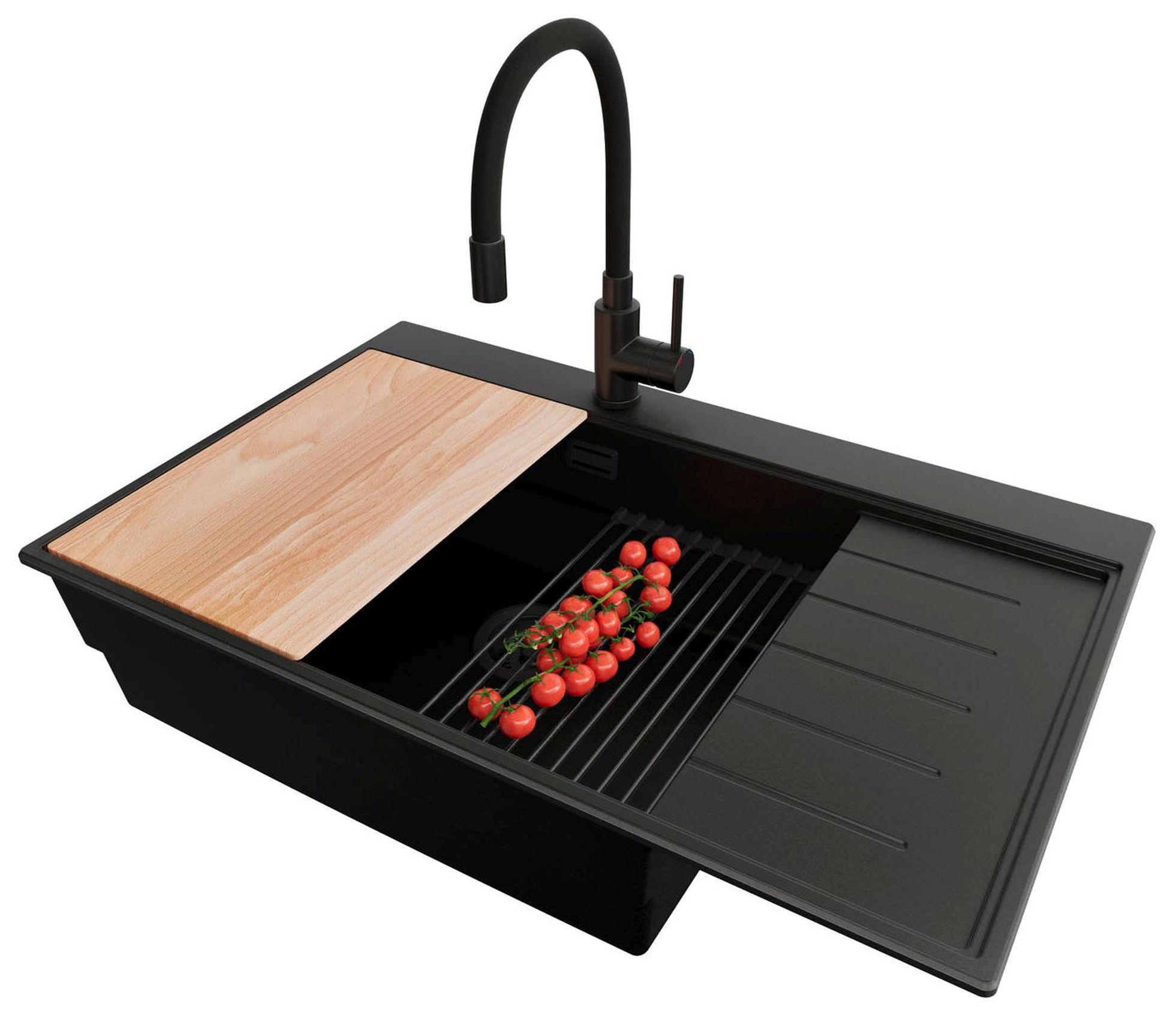 GRANITSPÜLE Sydney, 2-er set Alles Schwarz 78/50 cm 1 Becken + Küchenarmatur 40/38 cm + Ablauf-Set + Küchenzubehörset ab 60er Unterschrank - Beige/Schwarz, Kunststoff (78/20/50cm) - Primagran