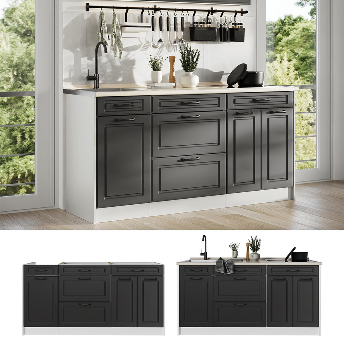 KÜCHENBLOCK R-Line, Anthrazit Landhaus/Weiß, 160 cm ohne Arbeitsplatte - Anthrazit/Weiß, Holzwerkstoff (160/81.6/46cm) - Vicco