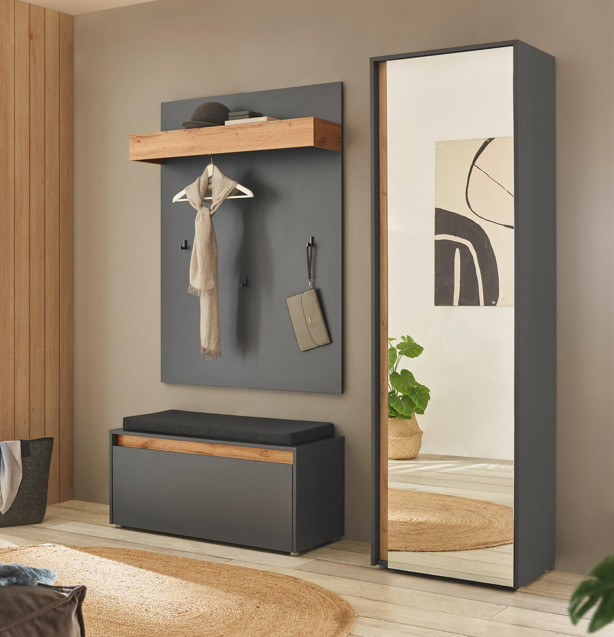 GARDEROBENPANEEL grau matt, Eiche Wotan 100 cm, Wandgarderobe mit Kleiderstange - Eiche Wotan/Grau, Holzwerkstoff/Metall (100/135/25cm) - Furn.Design