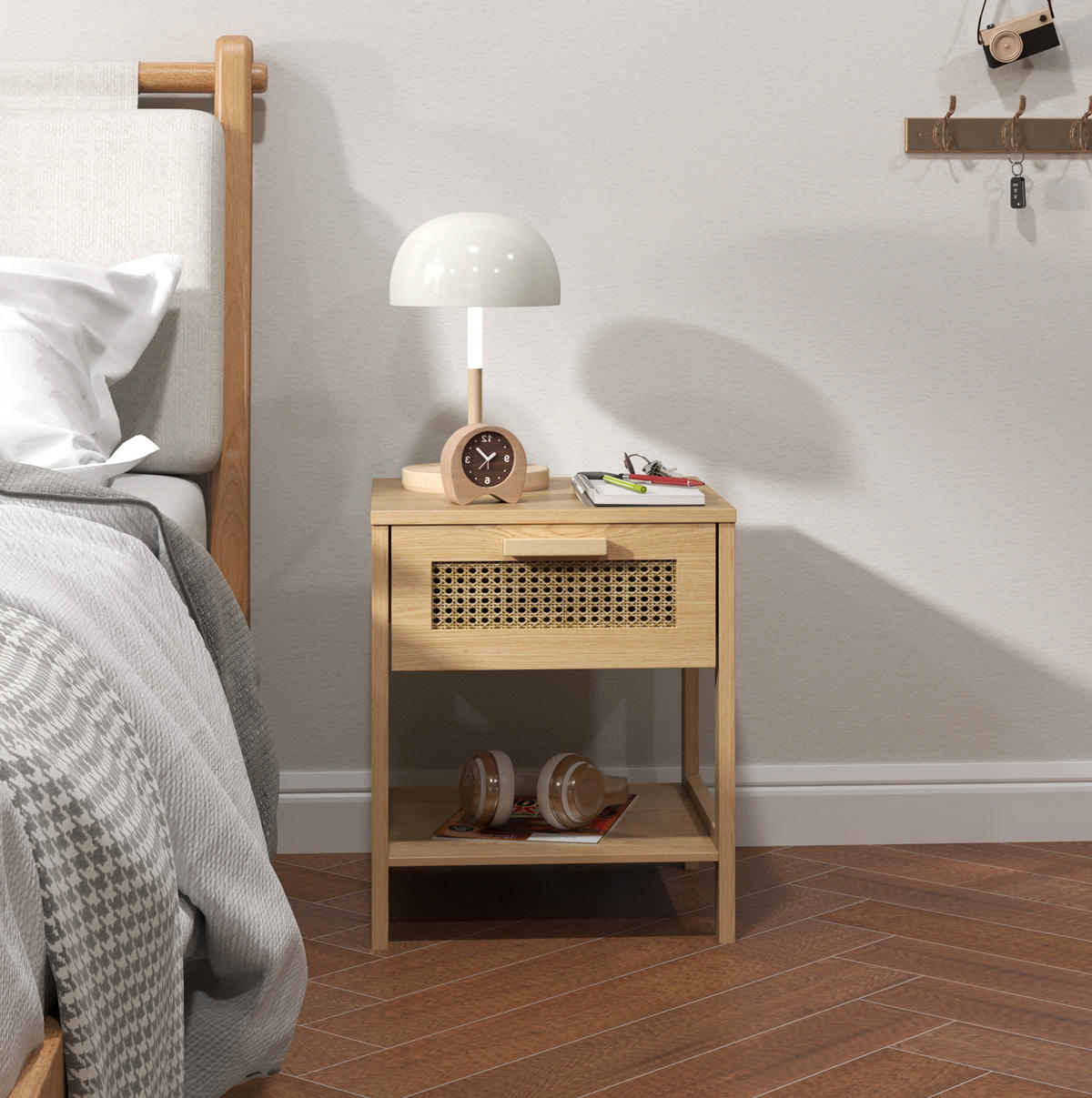 NACHTTISCH aus Holz mit Rattan-Schublade & Ablage, 40/40/48,4 cm, Naturholz - Naturfarben, Holz (40/48.4/40cm) - Redom