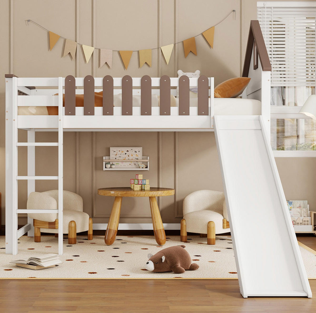 HOCHBETT 90/200 cm mit Rutsche, Leiter und Dach aus Kiefer/MDF, Weiß/Walnuss - Weiß, Holzwerkstoff (90/200cm) - Redom