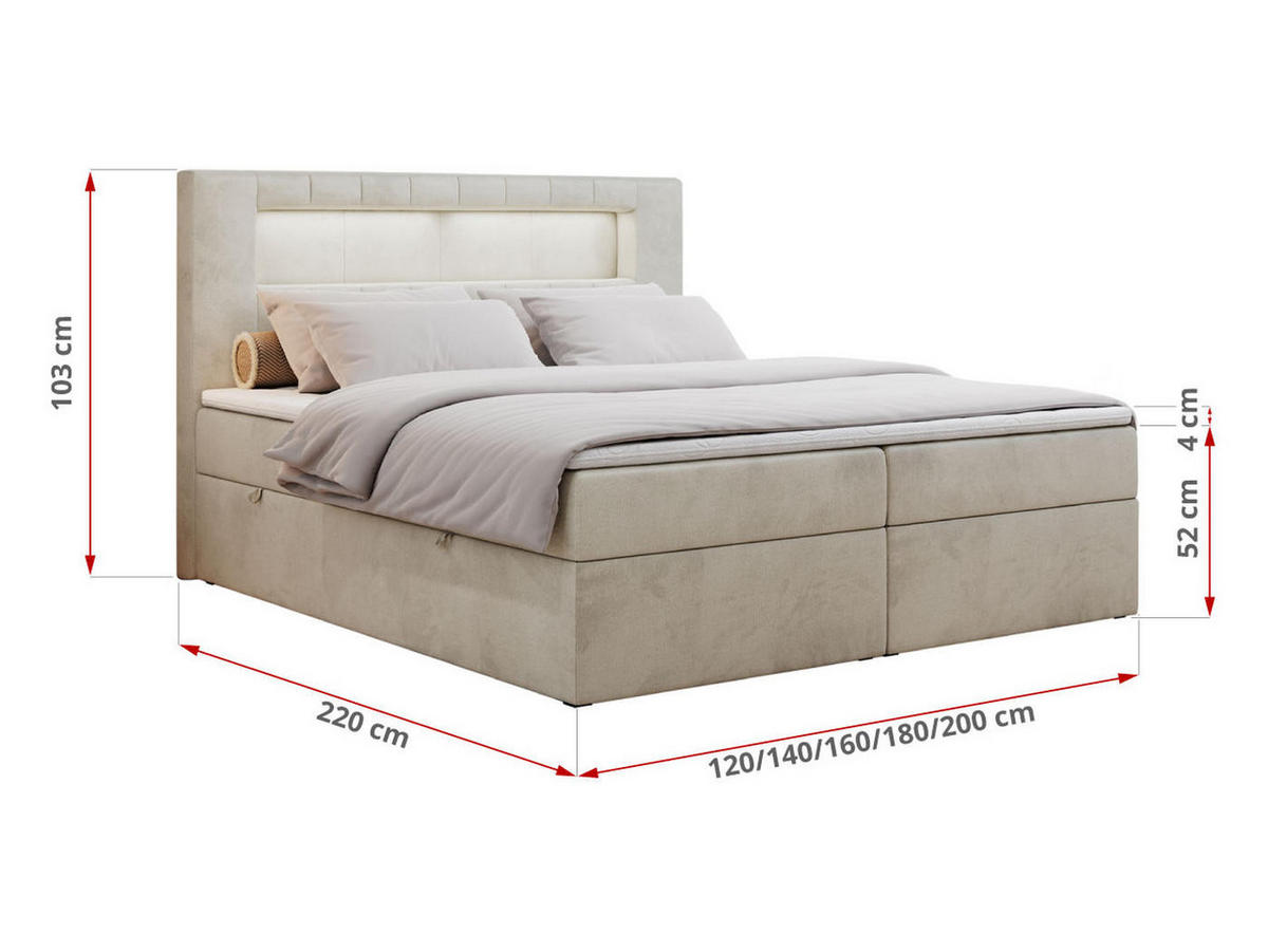 BOXBETT GOLD-5 LED 120/200 Beige Velvet - H3 - Beige, Holz/Textil (120/200cm) - MKS