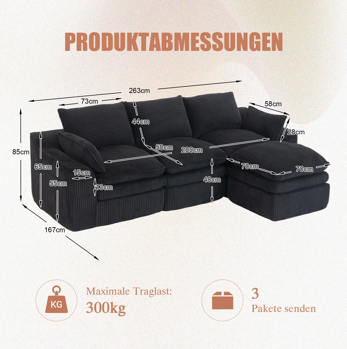 3-STIZER Sofa 263/167/85 cm frei kombinierbar mit Hocker, Seitentaschen und Kissen, Schwarz - Schwarz, Textil (263/85/167cm) - Redom