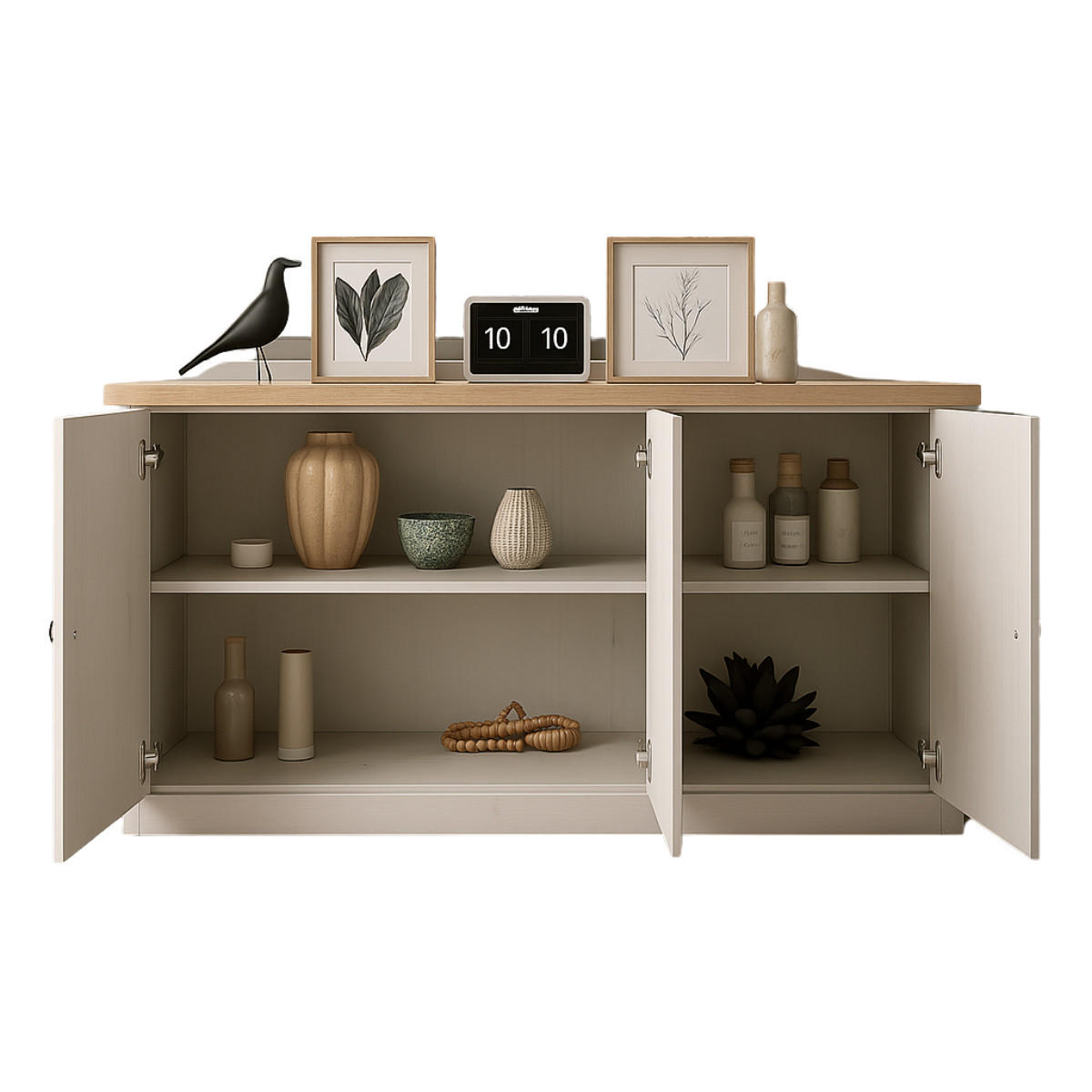 SIDEBOARD mit 3 türen, dekor eiche cadiz und meringue-weiß - country 164/44/88 cm - Weiß, Holzwerkstoff (44/88/164cm) - Calicosy