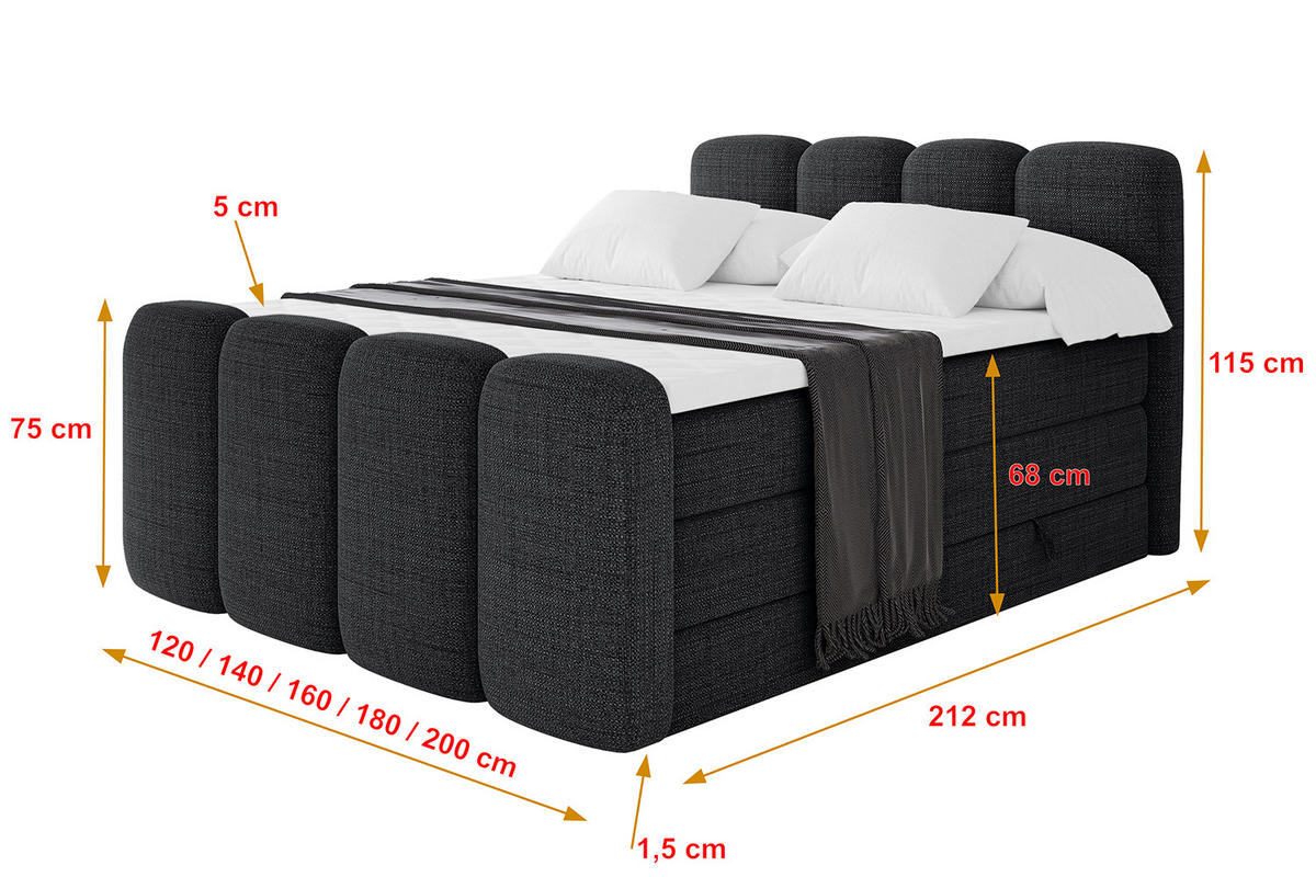 BOXBETT mit Matratze H3|H4 und Lattenrost - NINA-Z KING - 120x200 cm - Schwarz - Schwarz, Holzwerkstoff (120/200cm)
