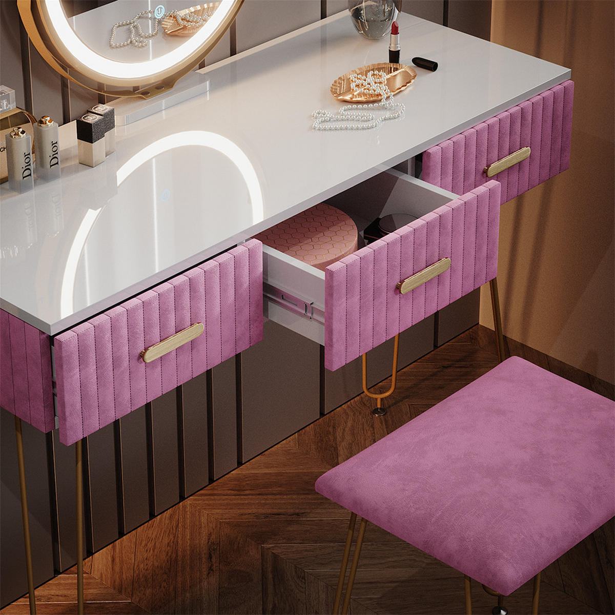 SCHMINKTISCH Layla Rosa 100 cm mit LED Beleuchtung und Hocker - Pink, Holzwerkstoff (100/79/40cm) - Vicco