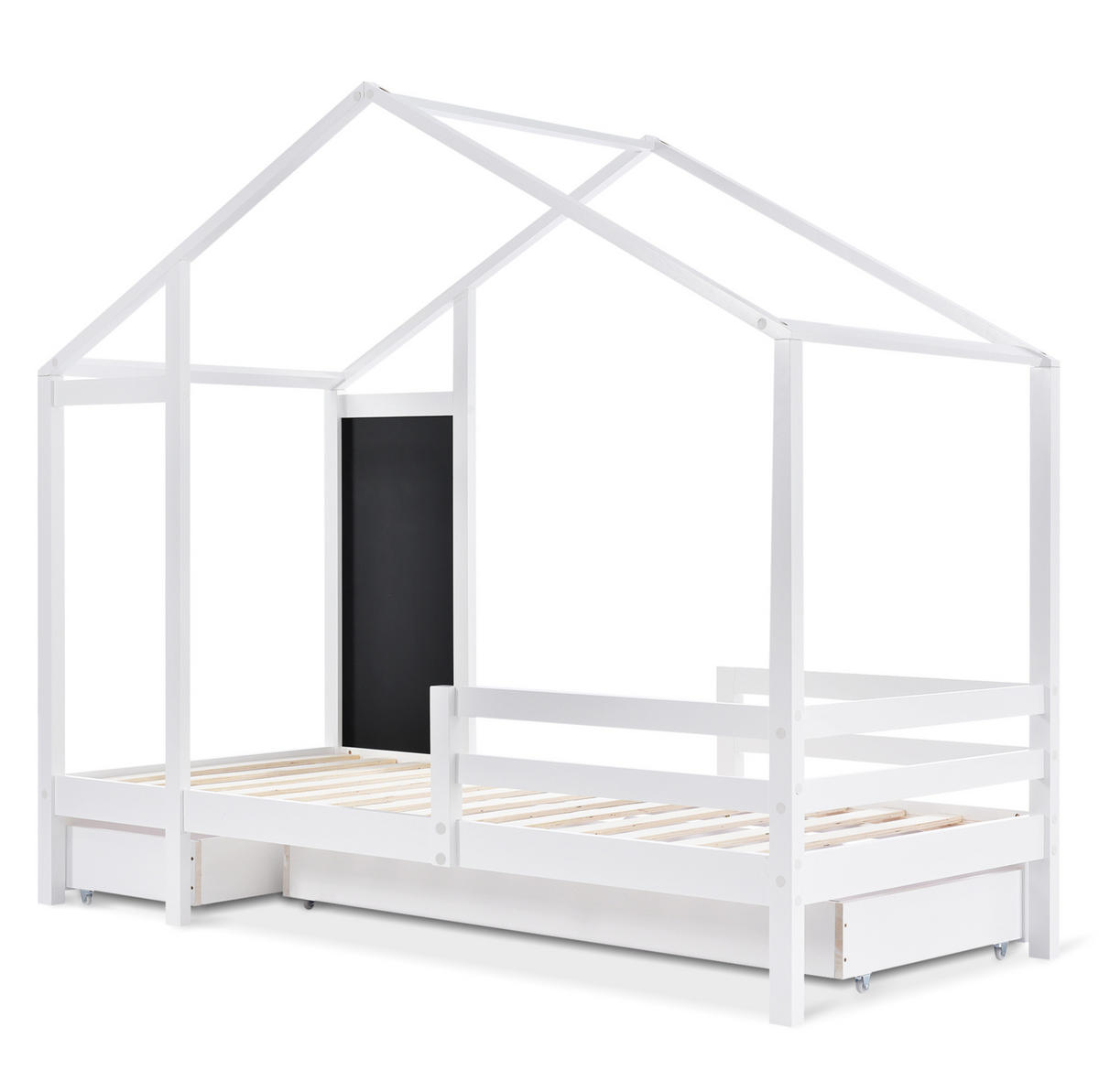 HAUSBETT 90/200 cm in Weiß – mit Dachaufbau, Tafel und 2 Schubladen - Weiß, Holz (90/200cm) - BEAOK