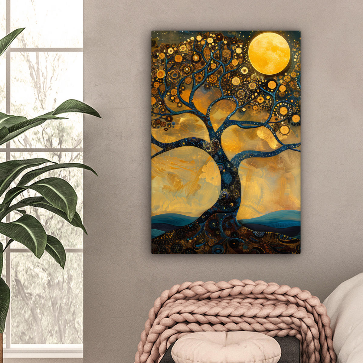 LEINWANDBILD Baum - Mond - Blumen - Gold - Kunst 60x90 cm - Orange, Textil (60/90cm) - MuchoWow