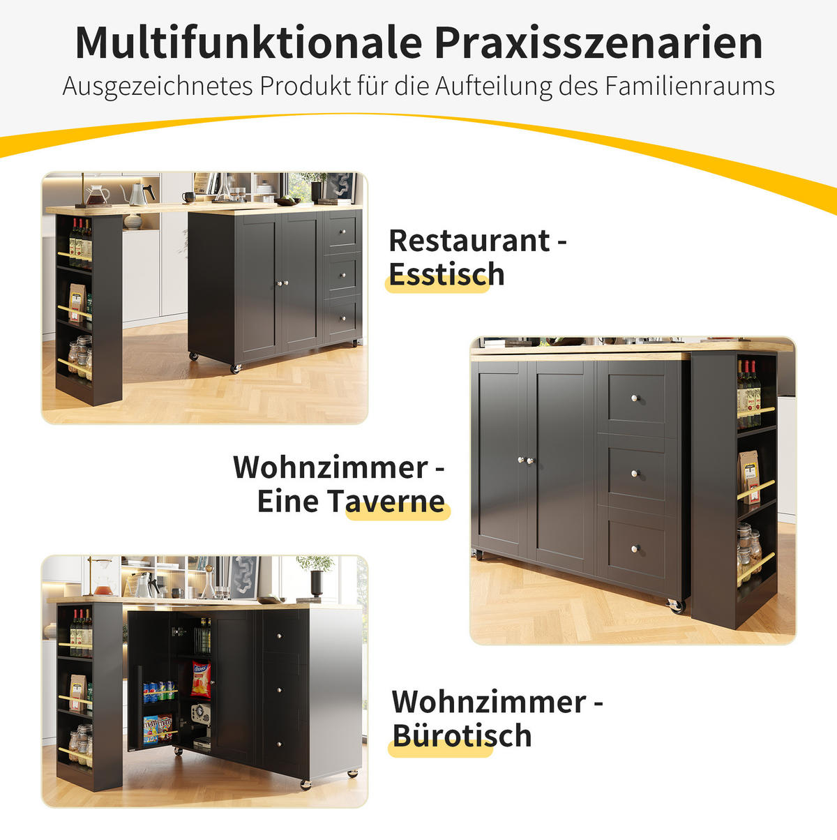 KÜCHENINSEL 135-203/39/106 cm aus MDF mit 360°-Drehfunktion und Rollen Schwarz - Schwarz, Holzwerkstoff (203/106/39cm) - Modenvie