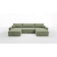 SEDACÍ souprava VIENNA tvar U světle zelená manšestr Poso 47 - funkce spaní, úložný prostor - světle zelená, textil (385/86/185cm) - Cornero