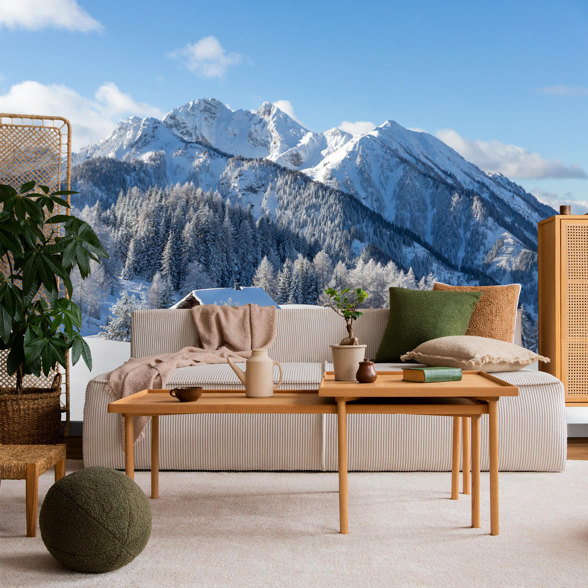 FOTOTAPETE für Wohnzimmer Felsige Berge Winter Tannen Holzhütten Schnee 300x210 - Braun/Weiß, Papier (300/210cm) - Muralo