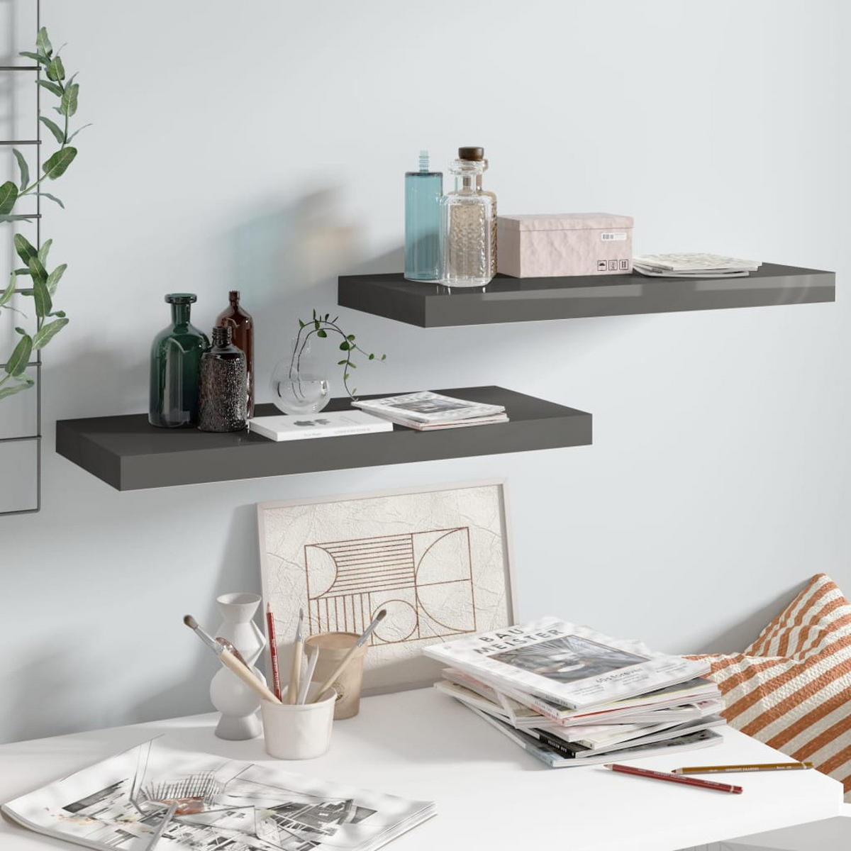 SCHWEBEREGALE 2 STK. HOCHGLANZ-GRAU 60X23,5X3,8 CM MDF - Anthrazit, Holzwerkstoff (23.5/3.8/60cm) - vidaXL