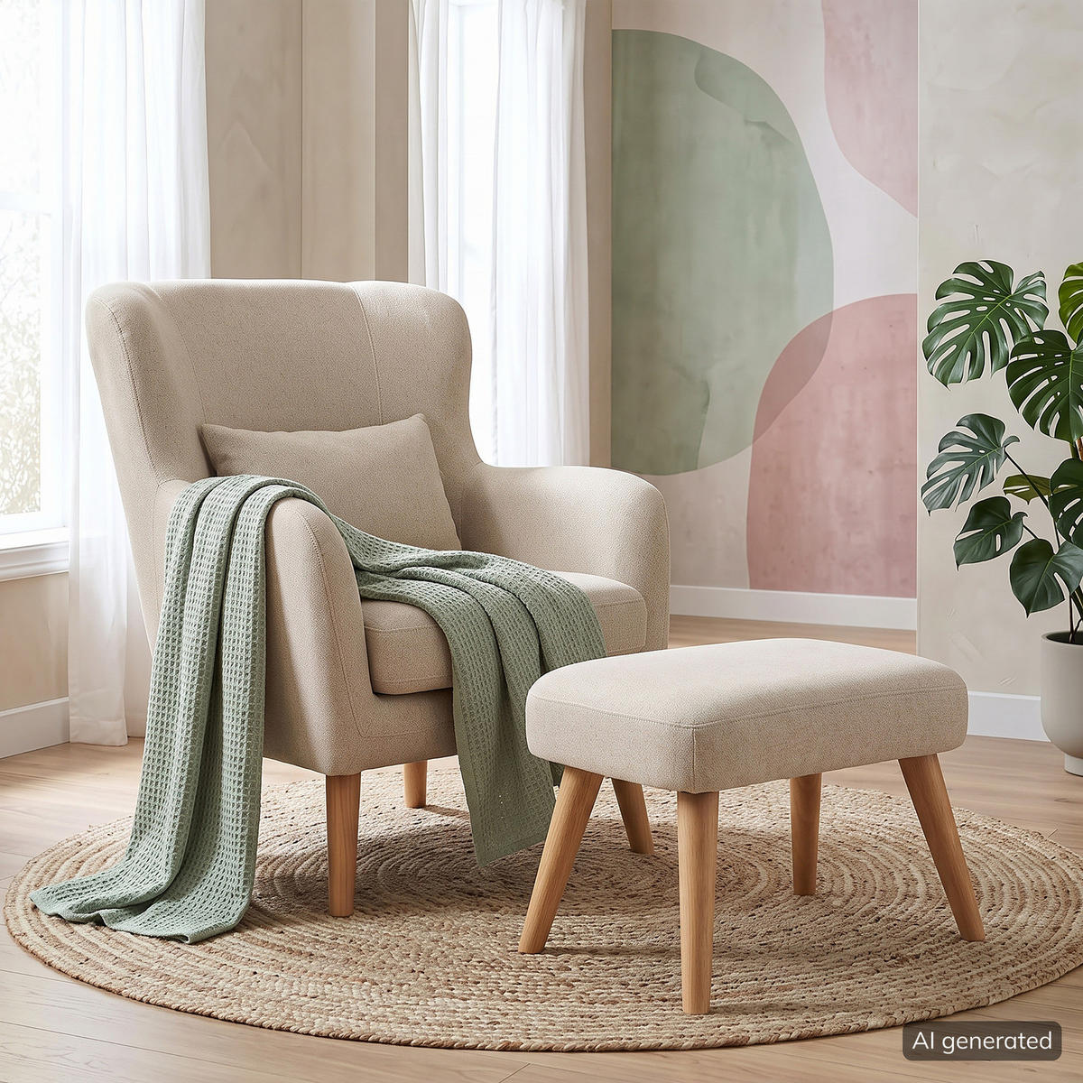 SESSEL mit Hocker - Beige, Holz/Birkenholz (75/96/78cm) - home24