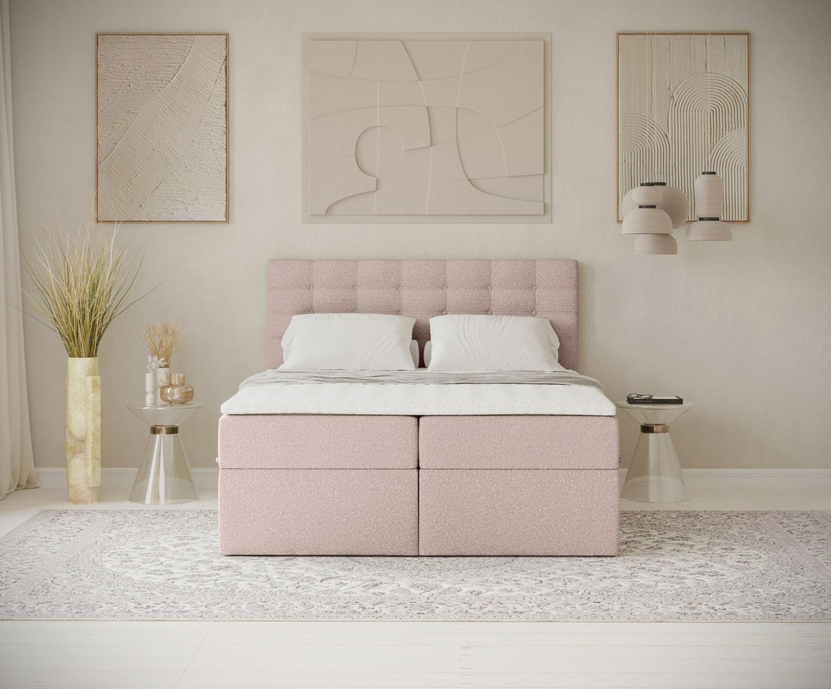 BOXBETT Sansa Hellrosa 200/200 cm mit Taschenmatratze und Topper - Hellrosa/Schwarz, Holz/Holzwerkstoff (200/200cm) - Maison de Reve