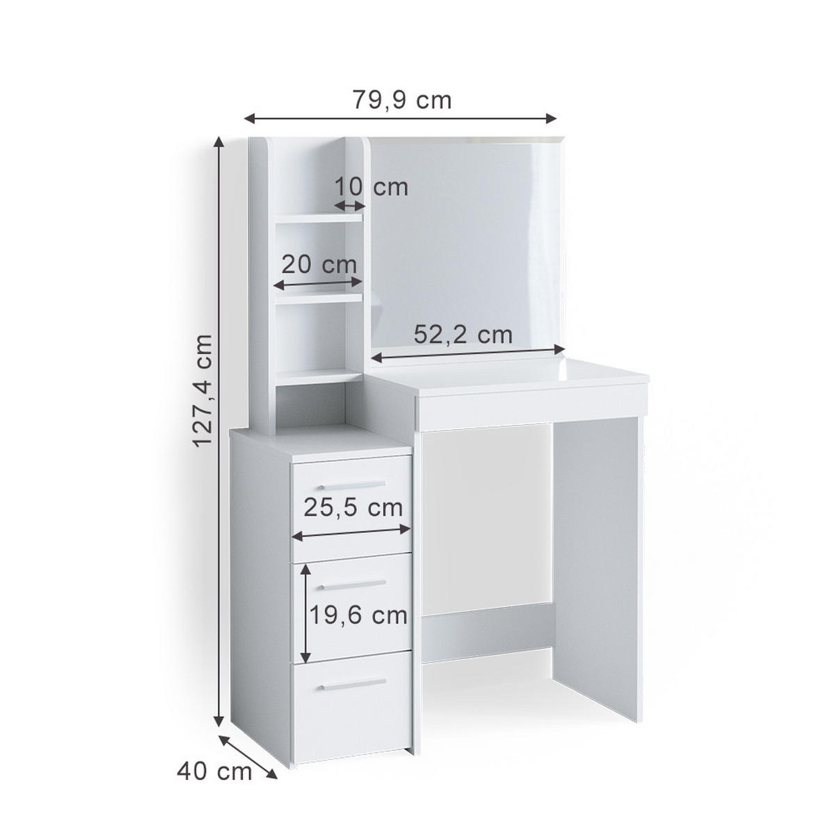 SCHMINKTISCH Meryl Weiß 79.9 cm - Weiß, Holzwerkstoff (40/127.4/79.9cm) - Vicco