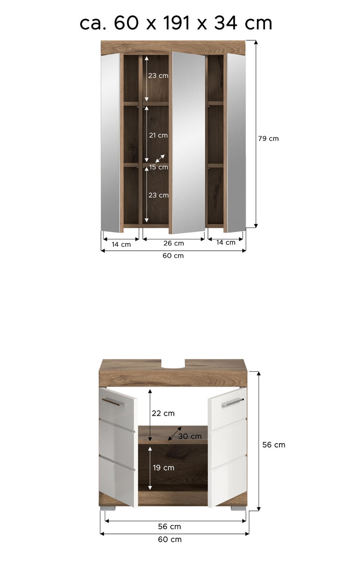 BADMÖBEL-SET weiß Hochglanz, Eiche 2-teilig 60 cm mit viel Stauraum - Weiß Hochglanz/Eichefarben, Glas/Holzwerkstoff (60/191/34cm) - Inn.Furn